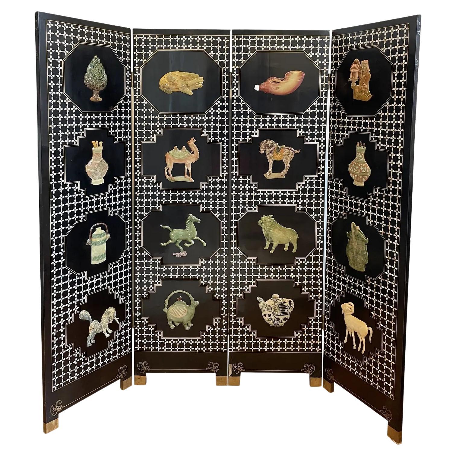 1960er Jahre Vintage Asian Schwarz Jade Motiv 4-Panel Raumteiler Bildschirm
