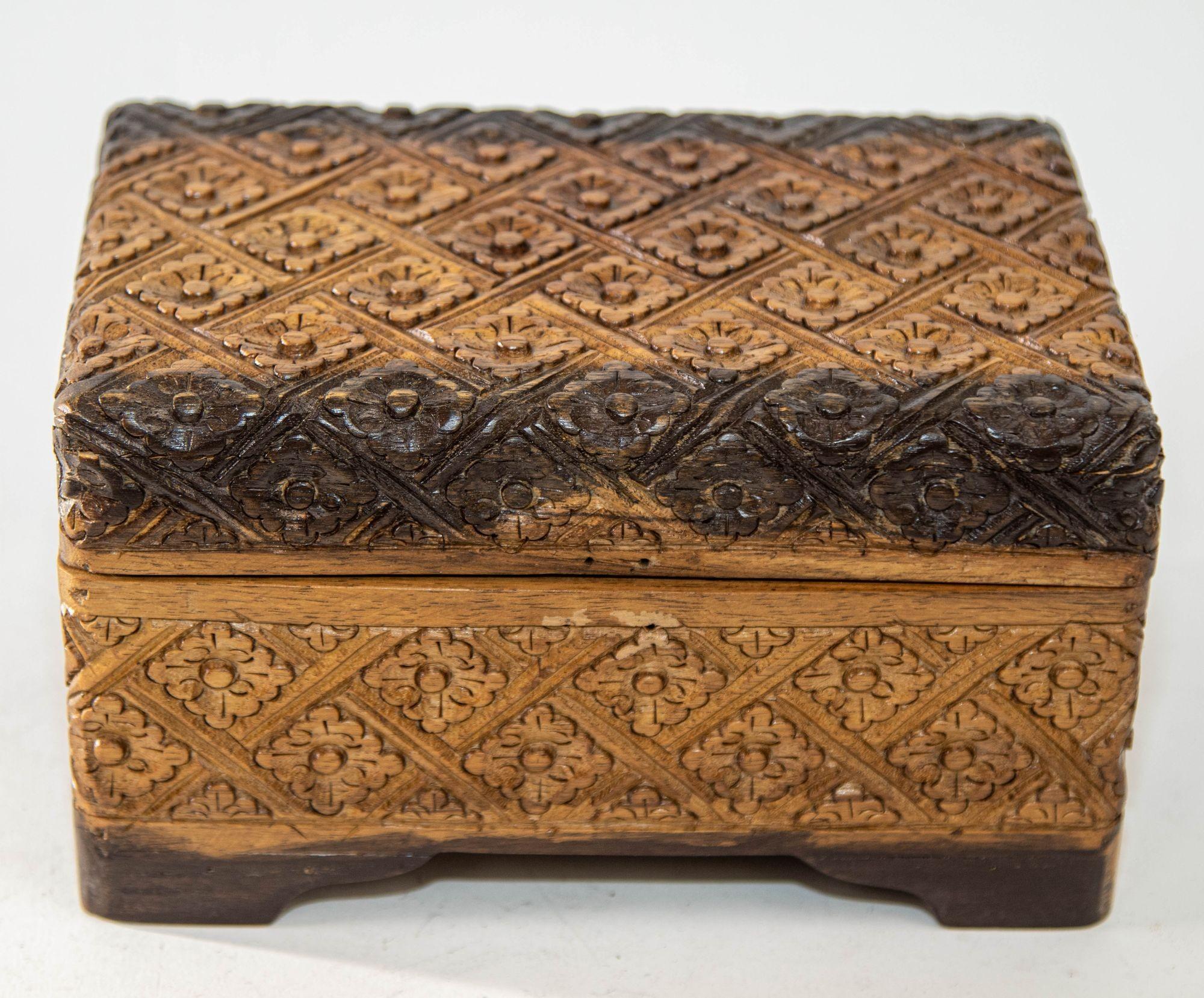 Folk Art 1960s Vintage Asian Large Hand Carved Wooden Humidor Footed Box For Sale
