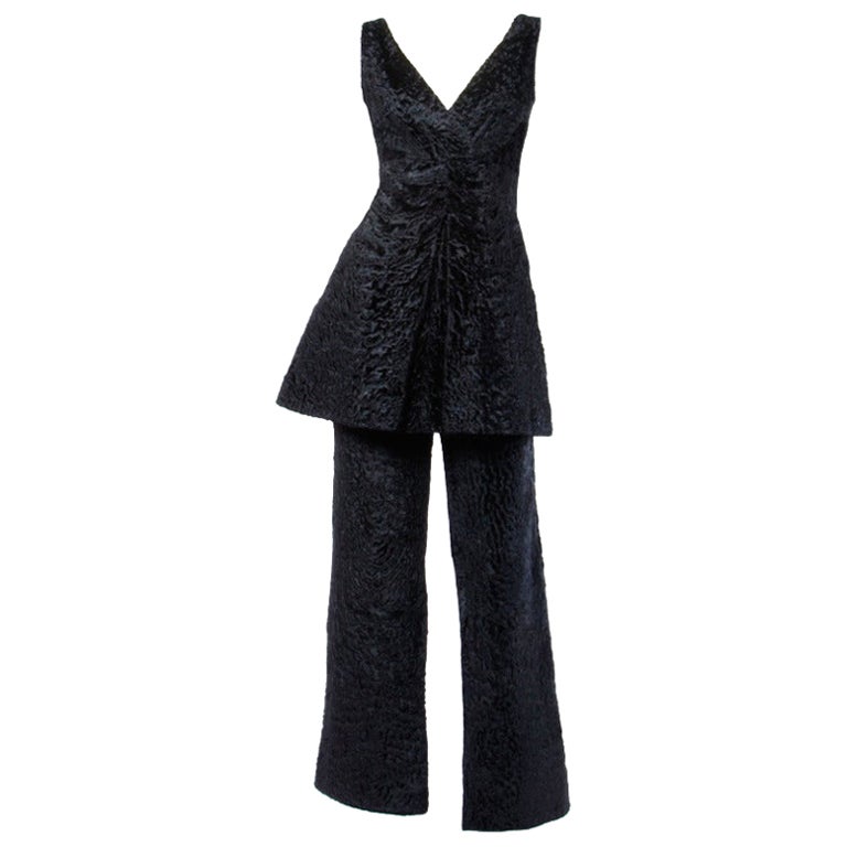 1960 Vintage Astrakhan Broadtail Lamb Fur Mini Dress + Pants 2-Piece Ensemble