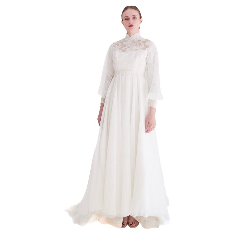 1960's Vintage Balloon Sleeve With Lace Wedding Gown For Sale at 1stDibs