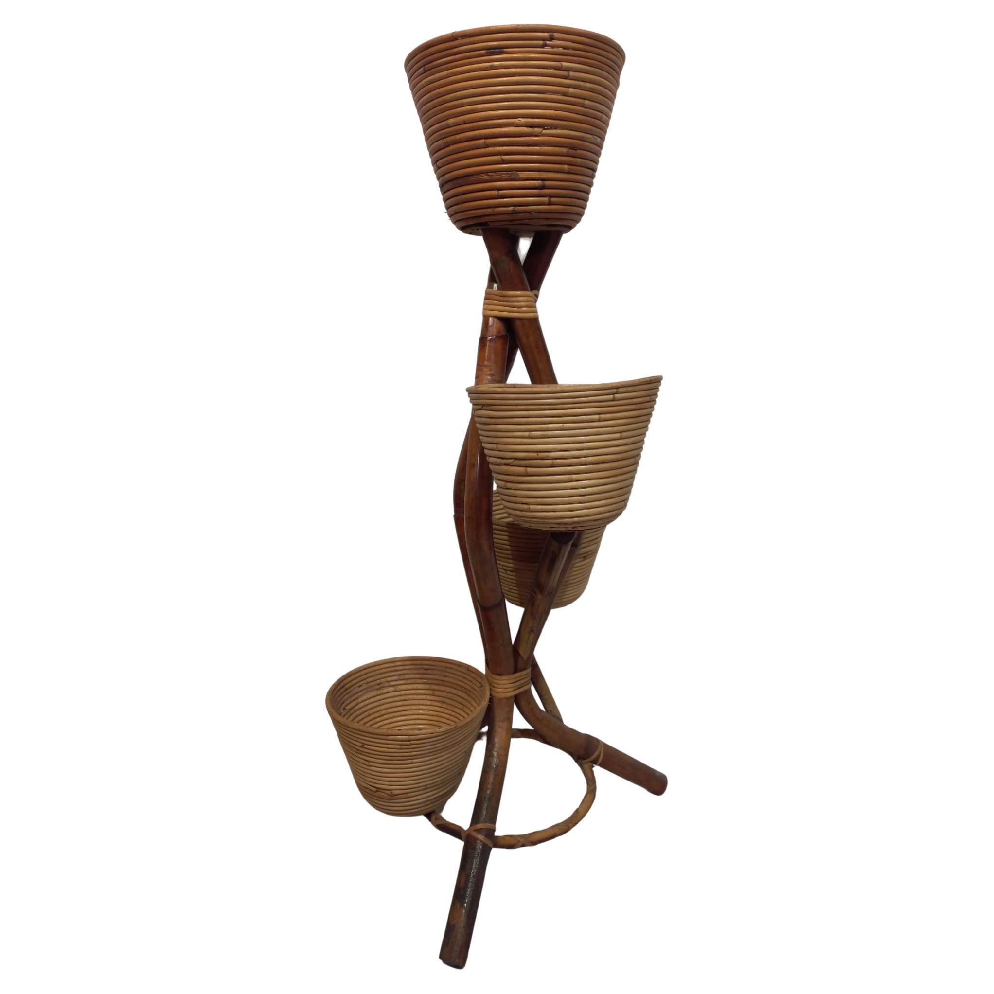 Mid-20th Century 1960s vintage bamboo and rattan flower stand from Italy For Sale