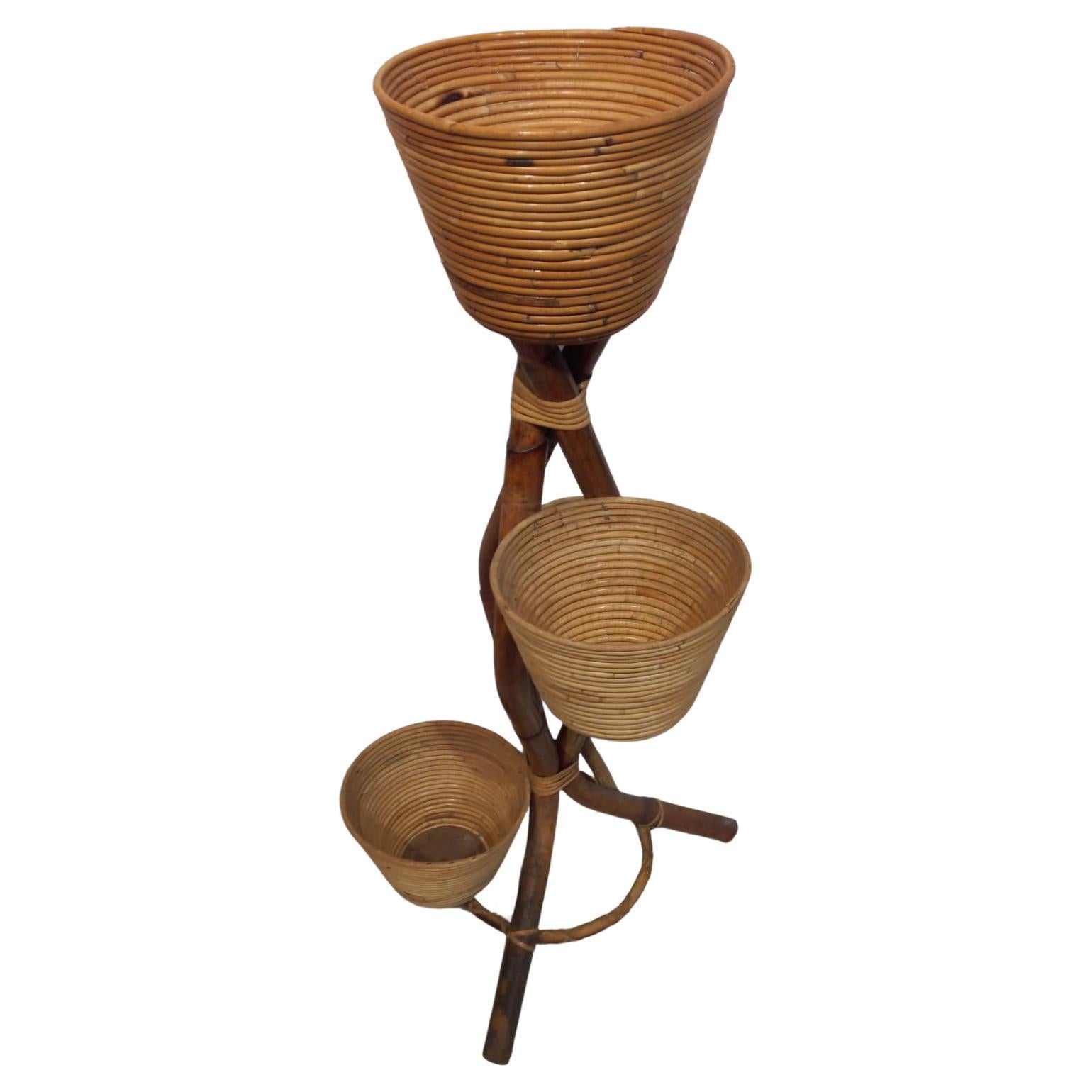 Bamboo 1960s vintage bamboo and rattan flower stand from Italy For Sale