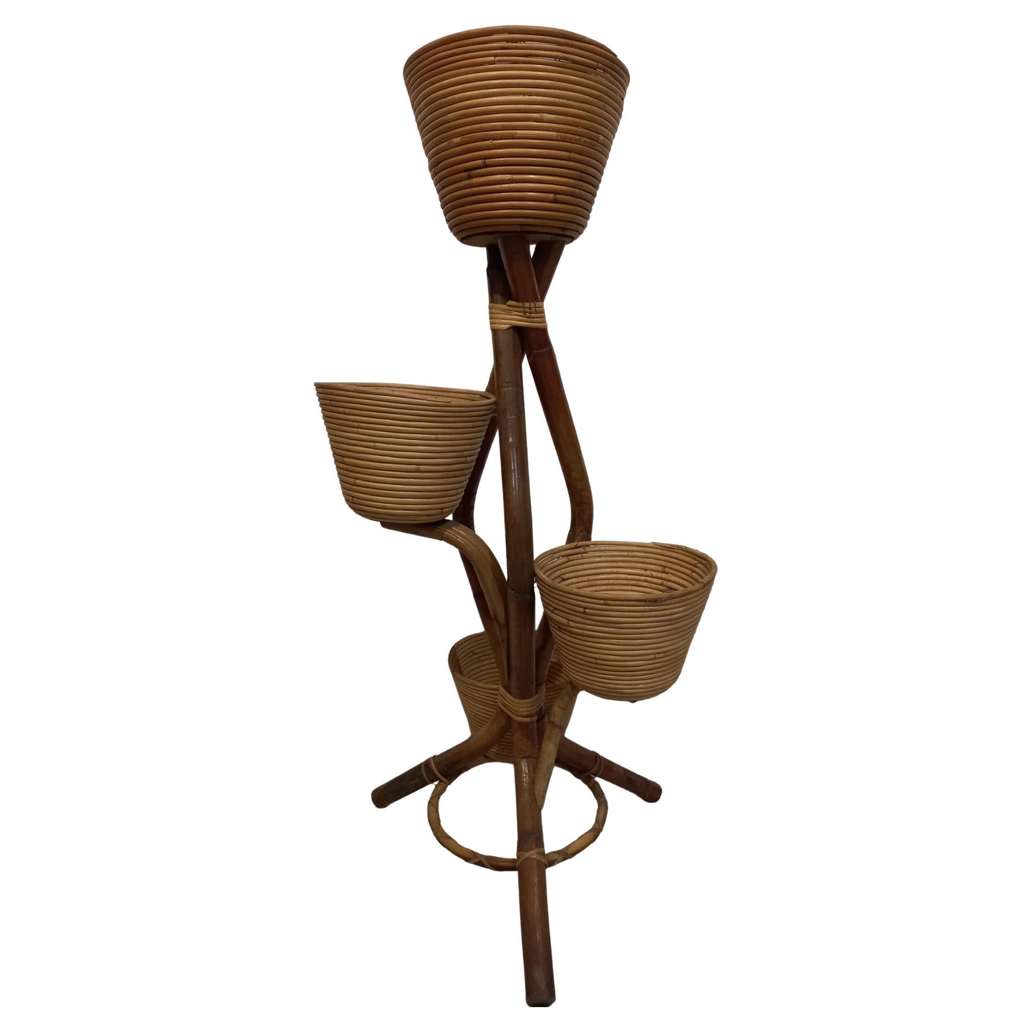 1960s vintage bamboo and rattan flower stand from Italy For Sale
