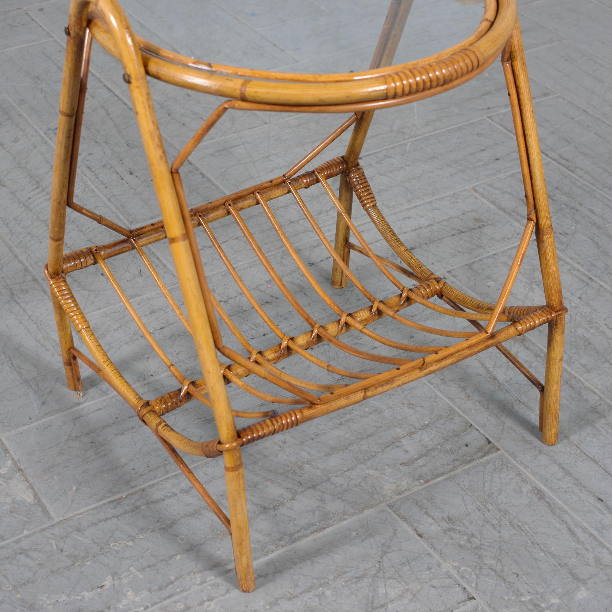 Italian Restored 1960s Bamboo Side Table with Glass Top and Magazine Rack For Sale