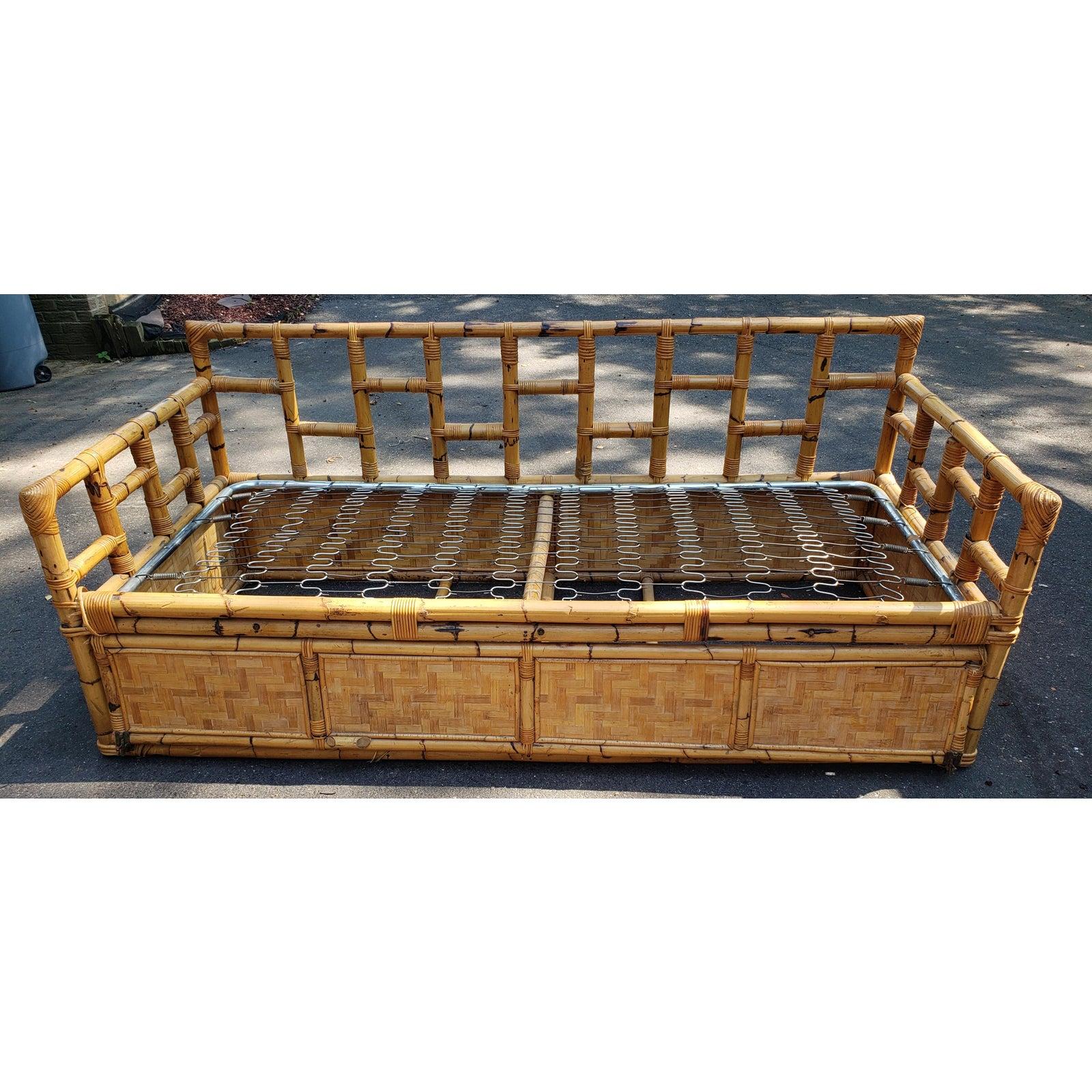 1960s Vintage Bamboo Sofa /  Day Bed With Gated Underneath Storage Area In Good Condition For Sale In Germantown, MD