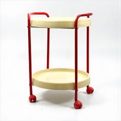 1960s Vintage Bar Cart Red Metal Frame Beige Plastic Trays Italian