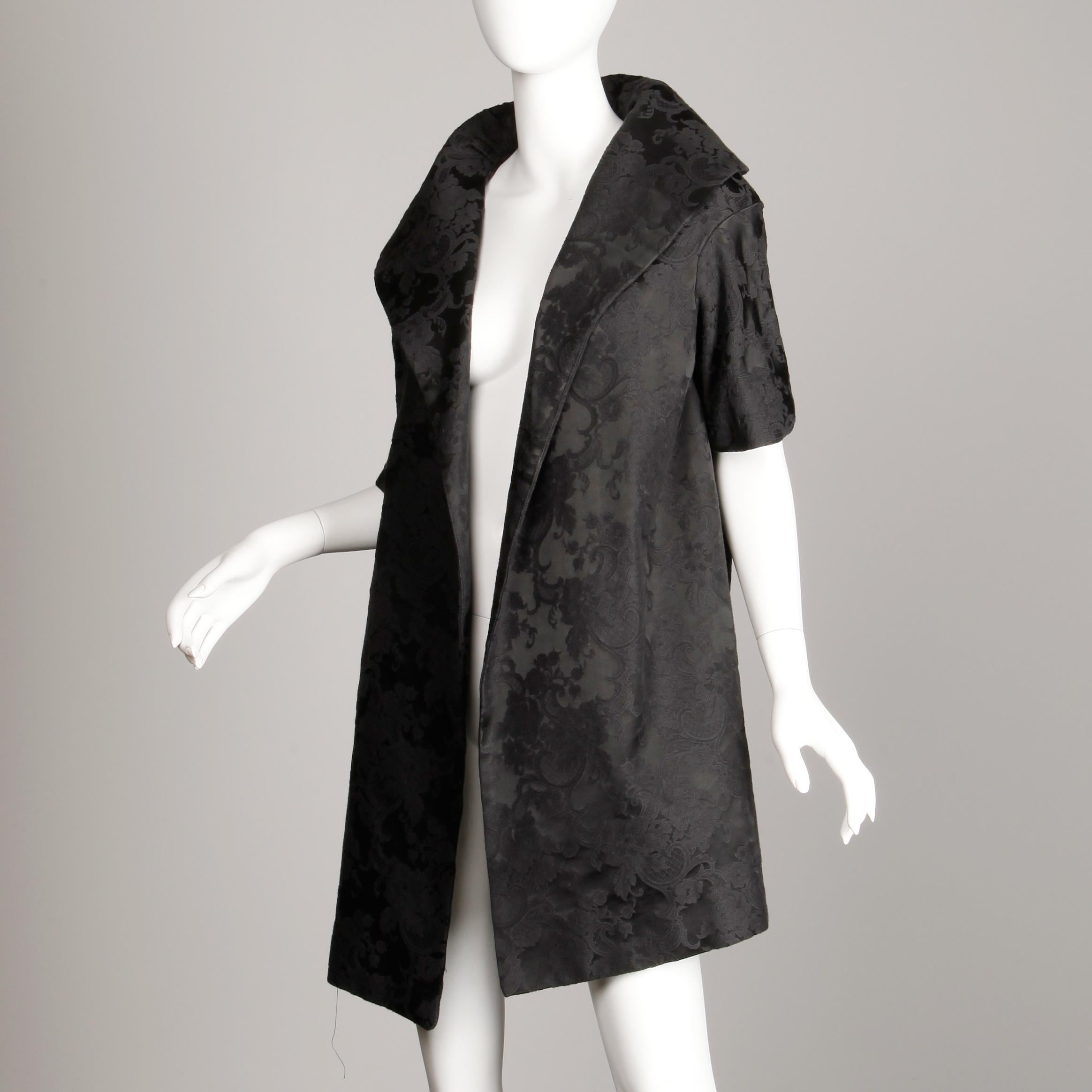Women's 1960s Vintage Black Damask Evening Opera/ Dress Coat or Duster with 3/4 Sleeves