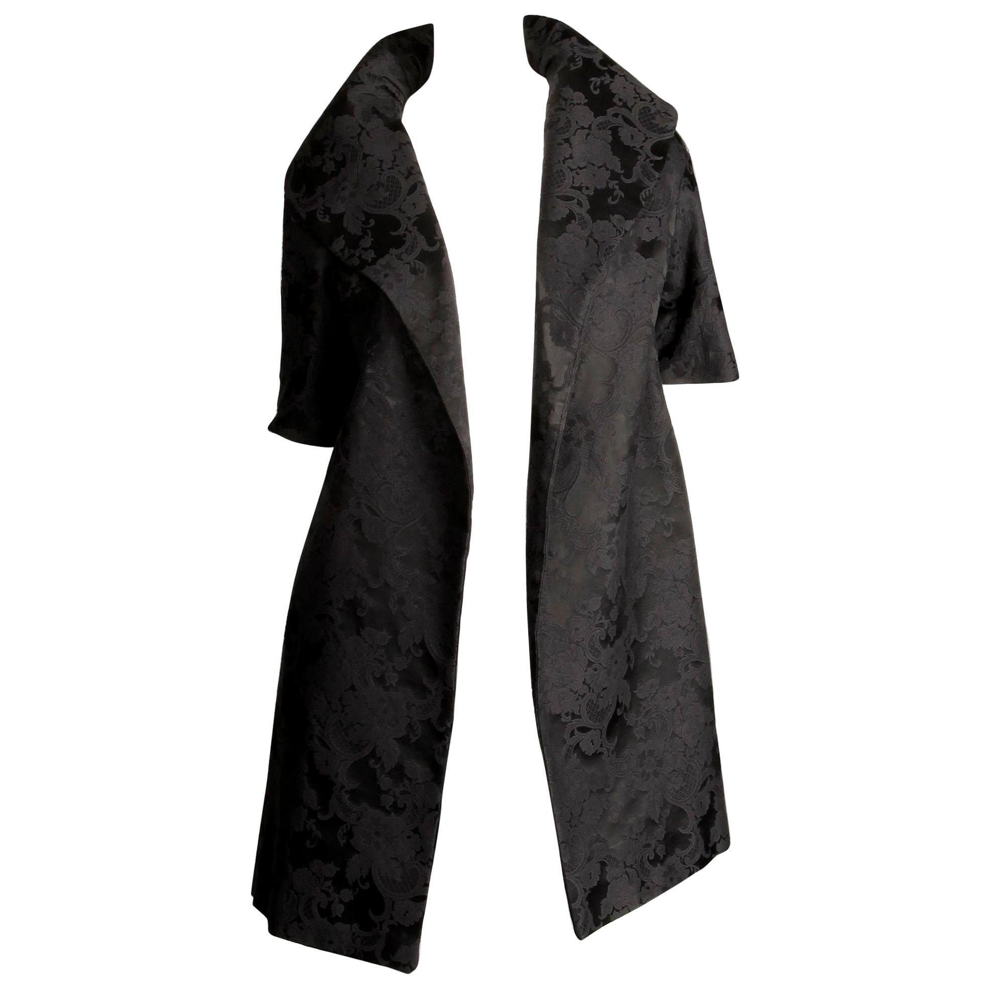 1960s Vintage Black Damask Evening Opera/ Dress Coat or Duster with 3/4 Sleeves