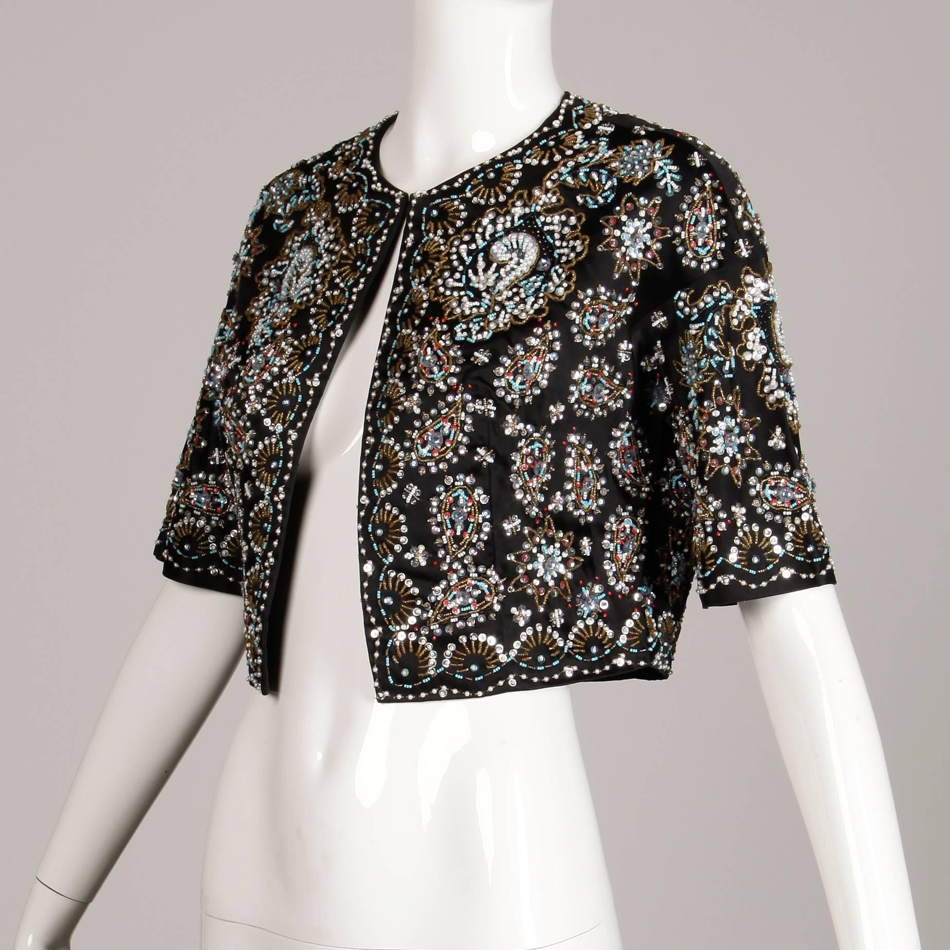 1960s Vintage Black Silk Satin Sequin + Beaded Bolero Jacket with 3/4 Sleeves Pour femmes en vente