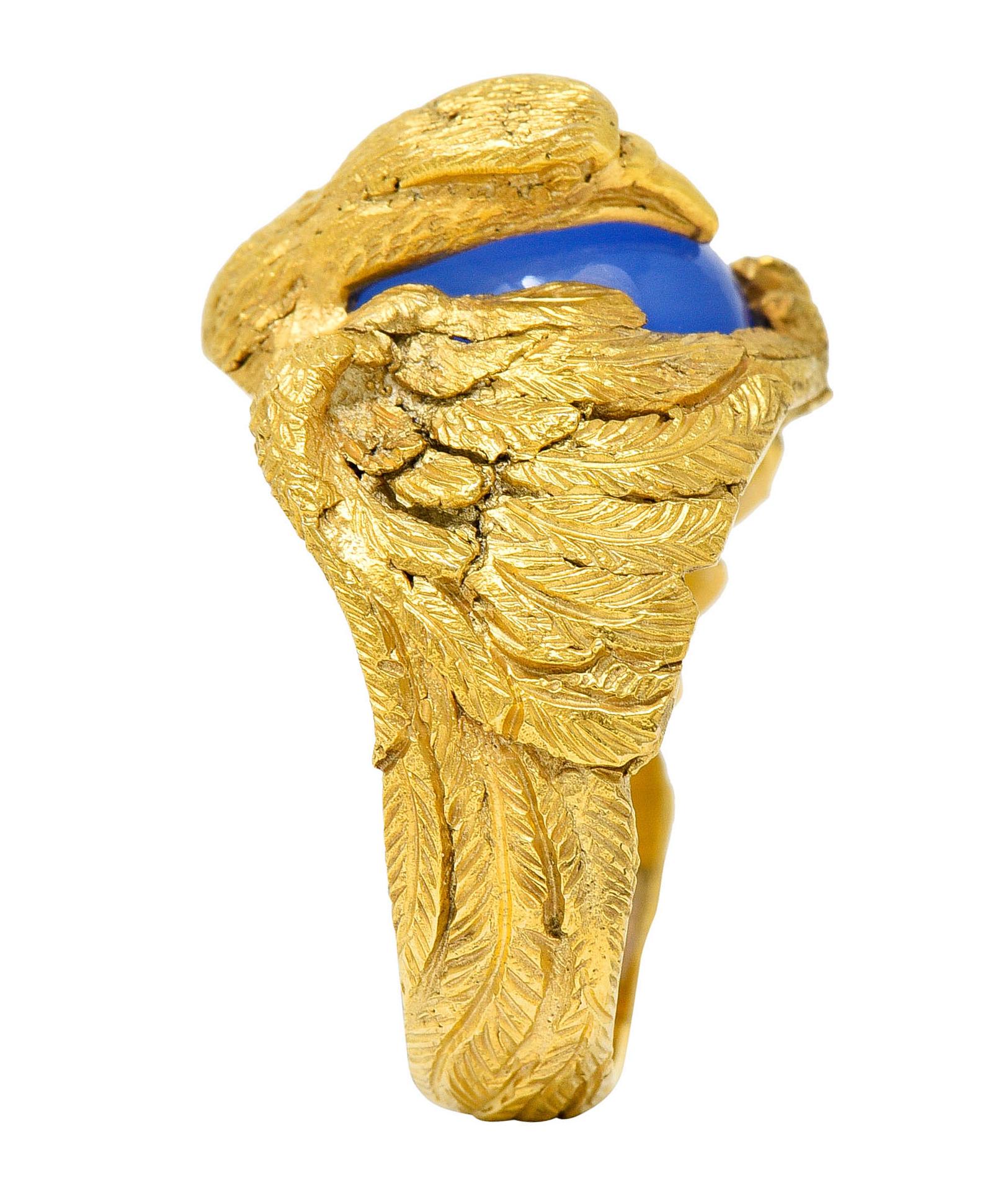 1960's Vintage Blue Chalcedony 14 Karat Gold Men's Condor Bird Ring 3