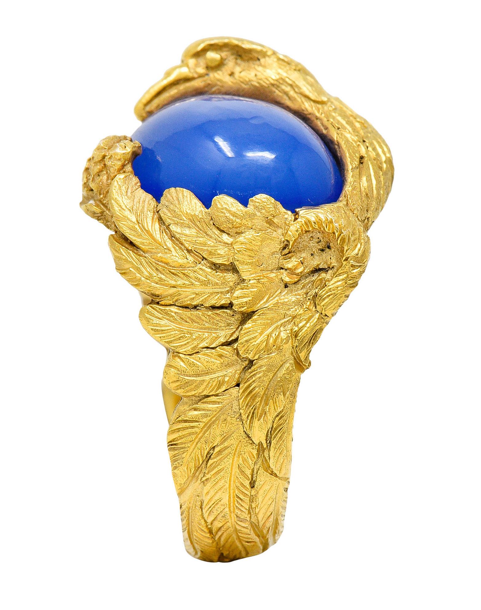 1960's Vintage Blue Chalcedony 14 Karat Gold Men's Condor Bird Ring 4