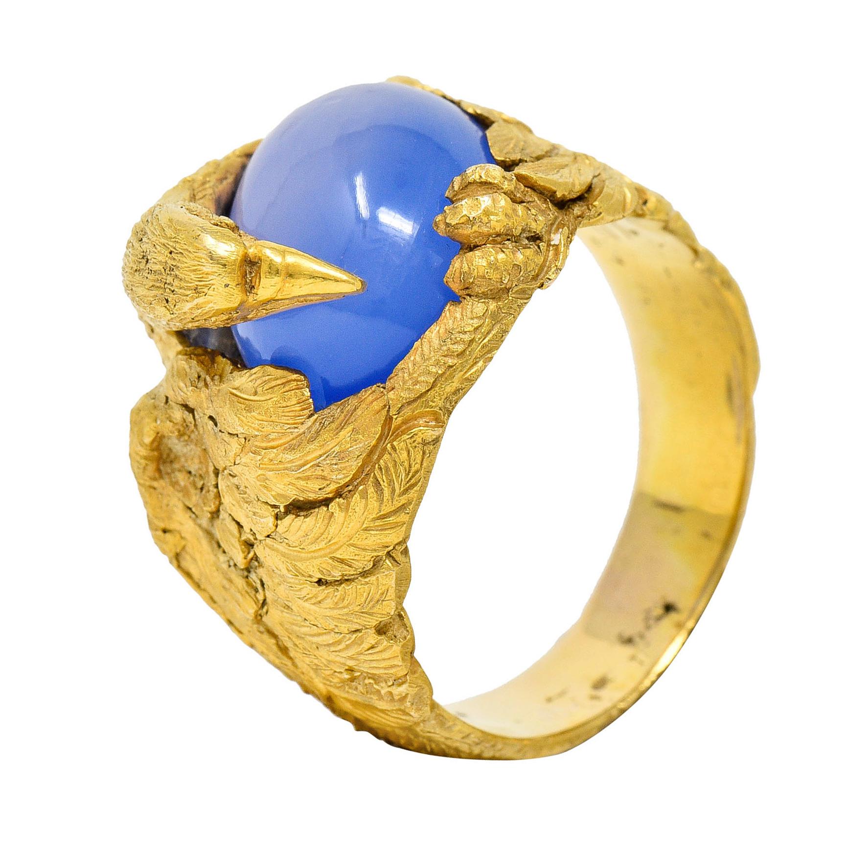 1960's Vintage Blue Chalcedony 14 Karat Gold Men's Condor Bird Ring 5