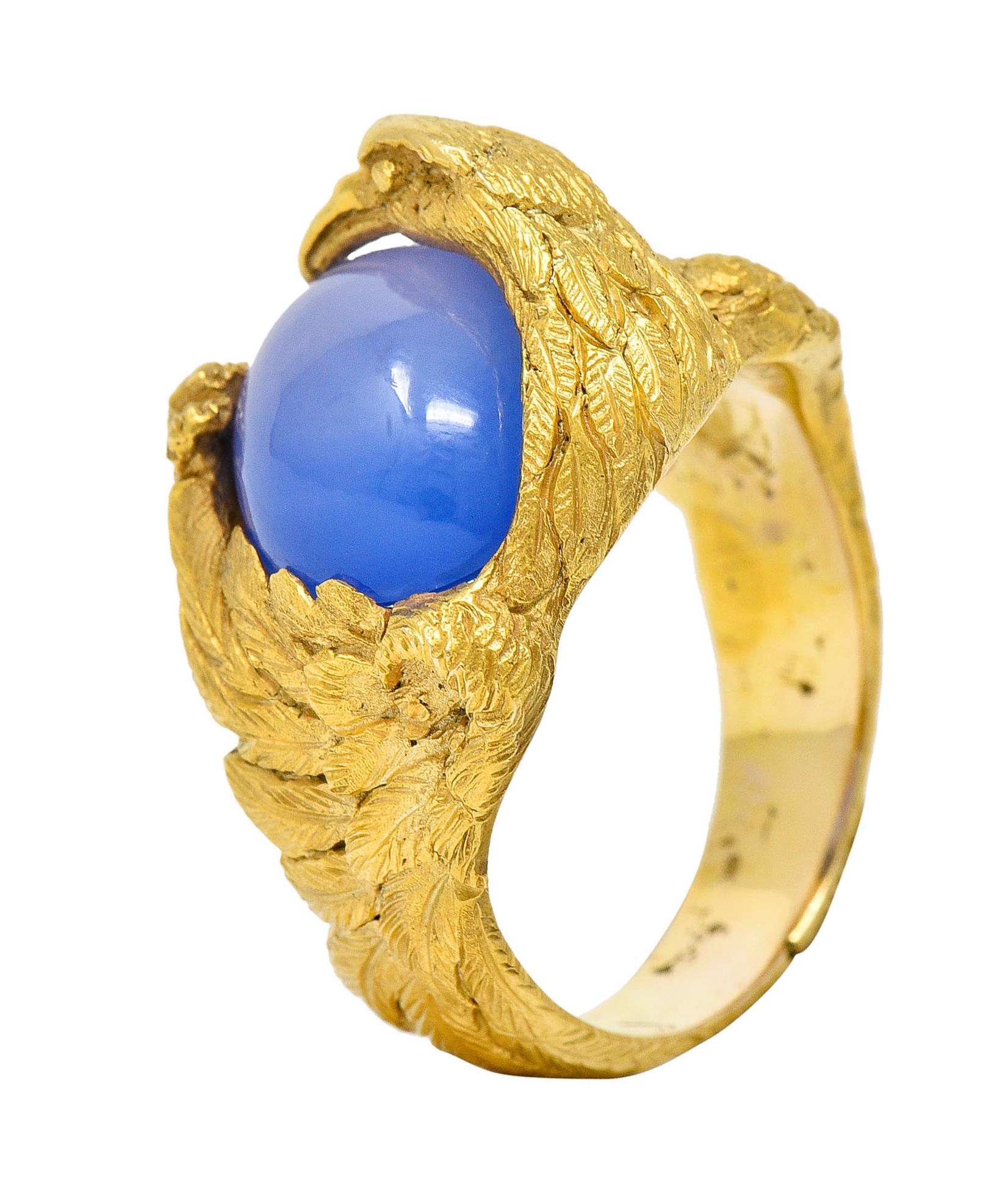 1960's Vintage Blue Chalcedony 14 Karat Gold Men's Condor Bird Ring 6