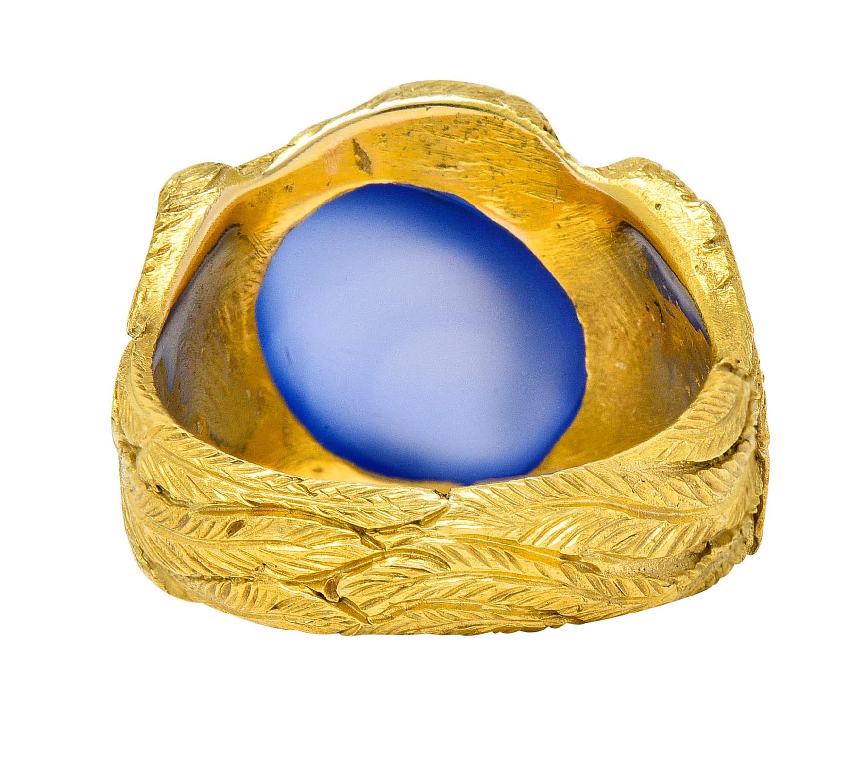 Contemporary 1960's Vintage Blue Chalcedony 14 Karat Gold Men's Condor Bird Ring