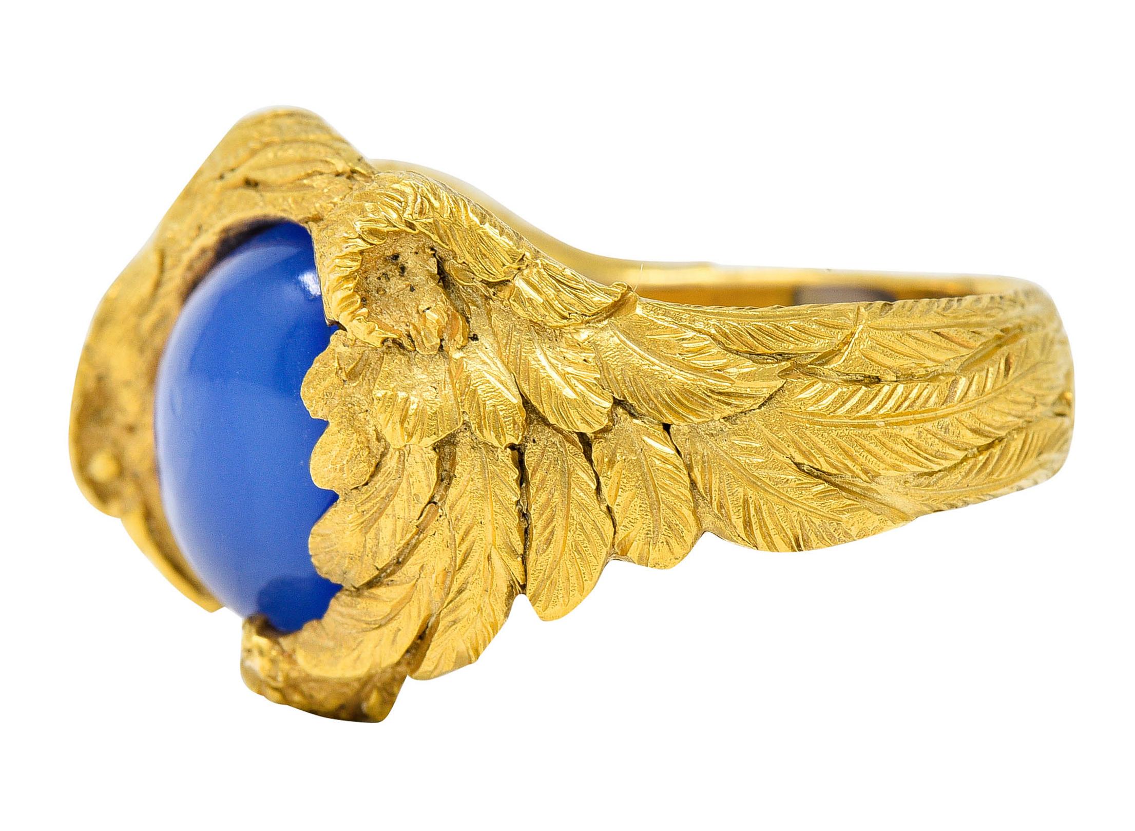 Cabochon 1960's Vintage Blue Chalcedony 14 Karat Gold Men's Condor Bird Ring