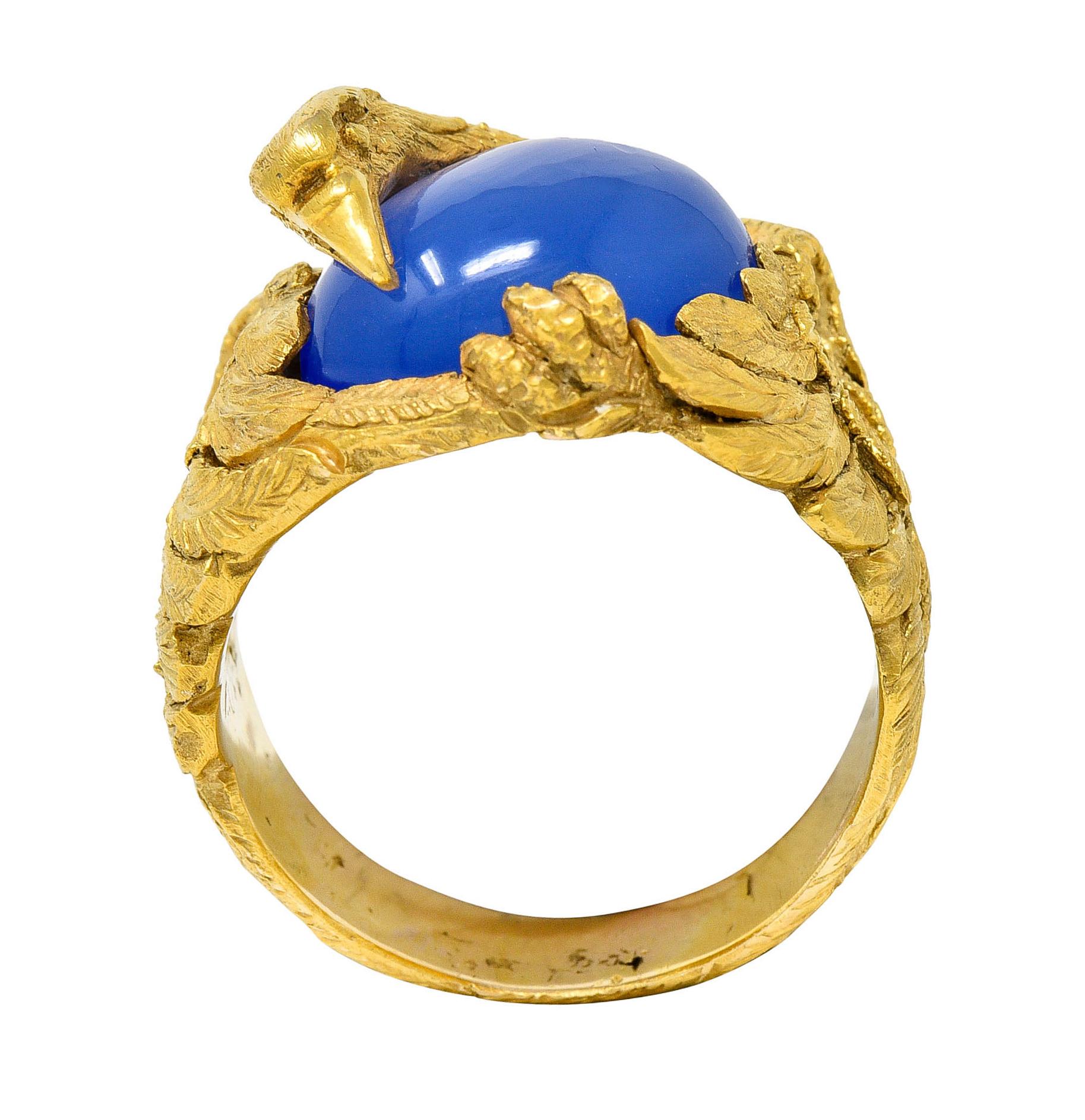 Women's or Men's 1960's Vintage Blue Chalcedony 14 Karat Gold Men's Condor Bird Ring