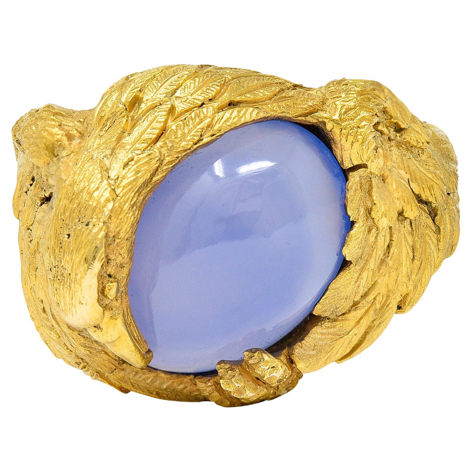 1960's Vintage Blue Chalcedony 14 Karat Gold Men's Condor Bird Ring