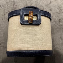 1960s Vintage Blue Leather Bamboo and Brass Italian Top Handle Bag