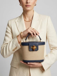 1960s Vintage Blue Leather Bamboo and Brass Italian Top Handle Bag