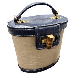 1960s Vintage Blue Leather Bamboo and Brass Italian Top Handle Bag