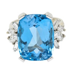 1960's Vintage Blue Topaz Diamond 14 Karat White Gold Cocktail Ring