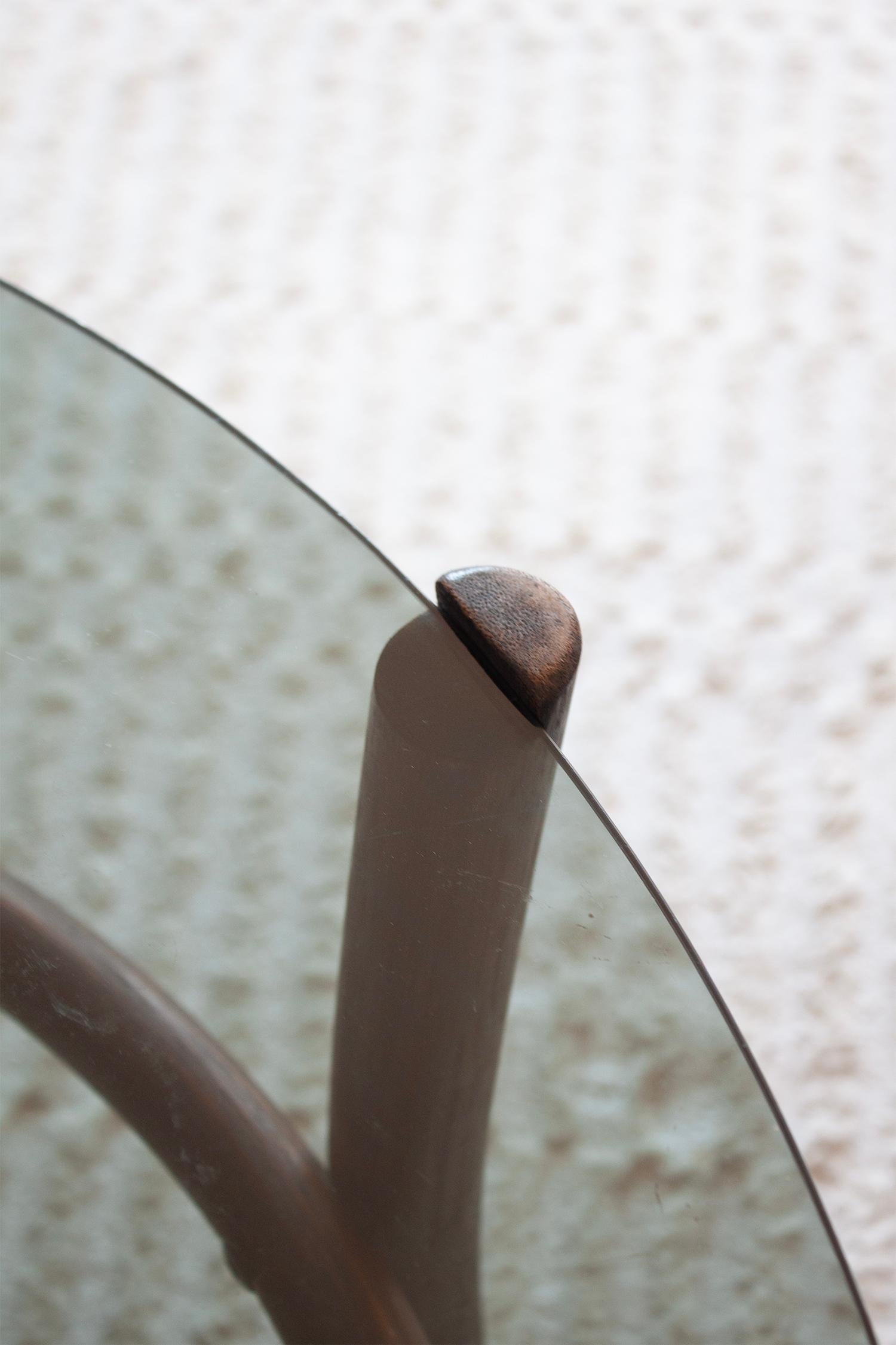 1960s Vintage Bohemian Style Round Bamboo And Glass Sofa Table For Sale 4