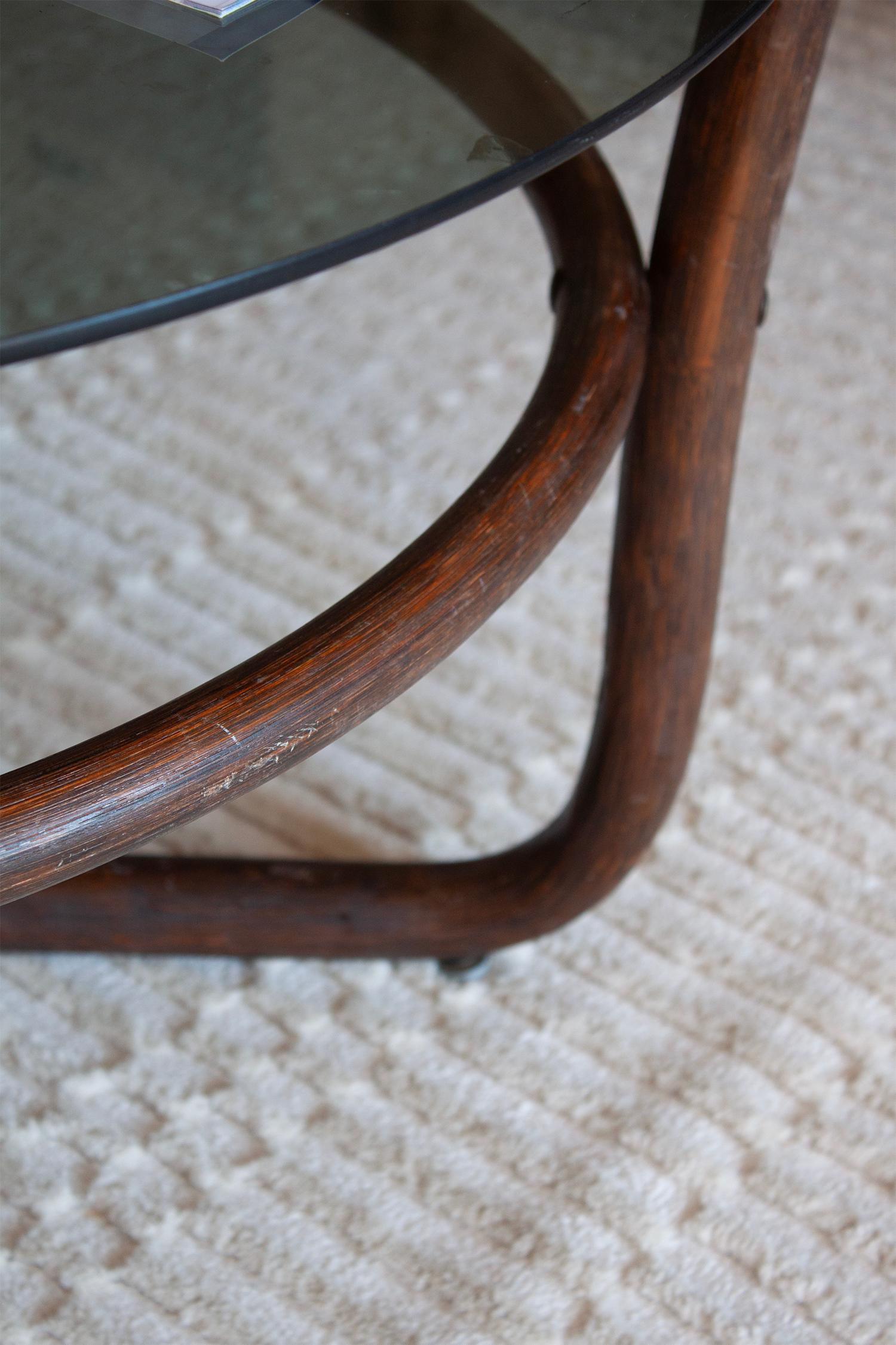 1960s Vintage Bohemian Style Round Bamboo And Glass Sofa Table For Sale 5