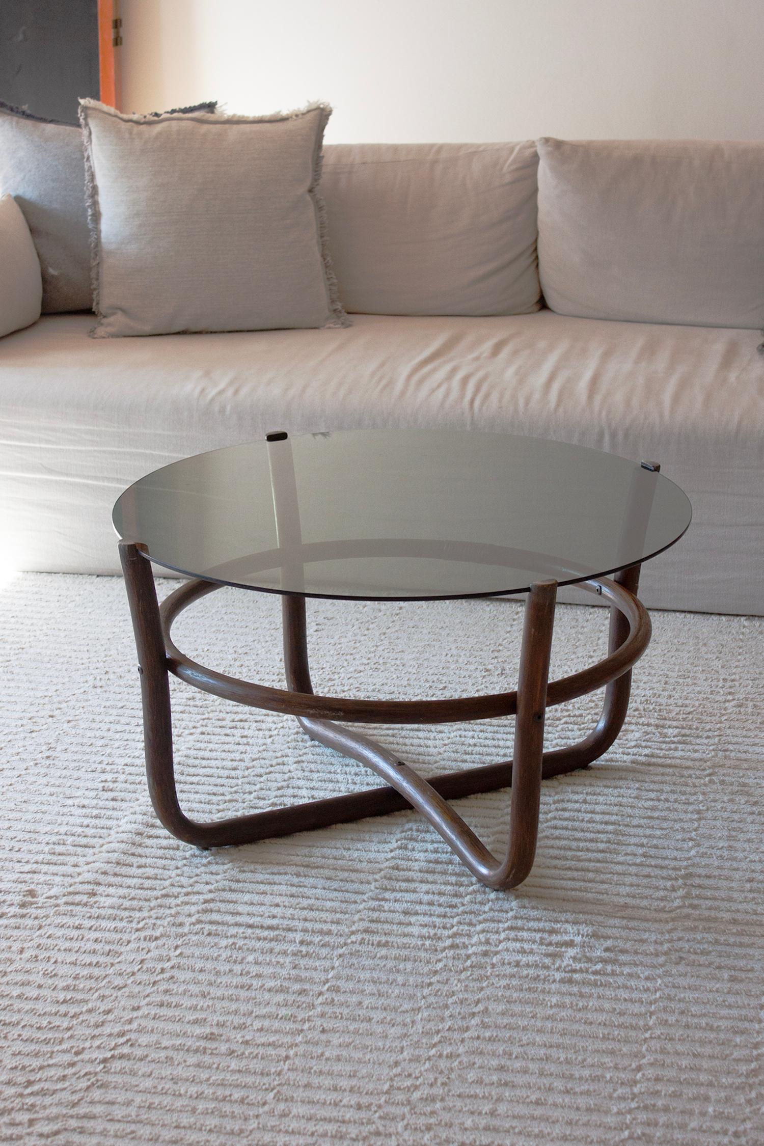 1960s Vintage Bohemian Style Round Bamboo And Glass Sofa Table For Sale 6