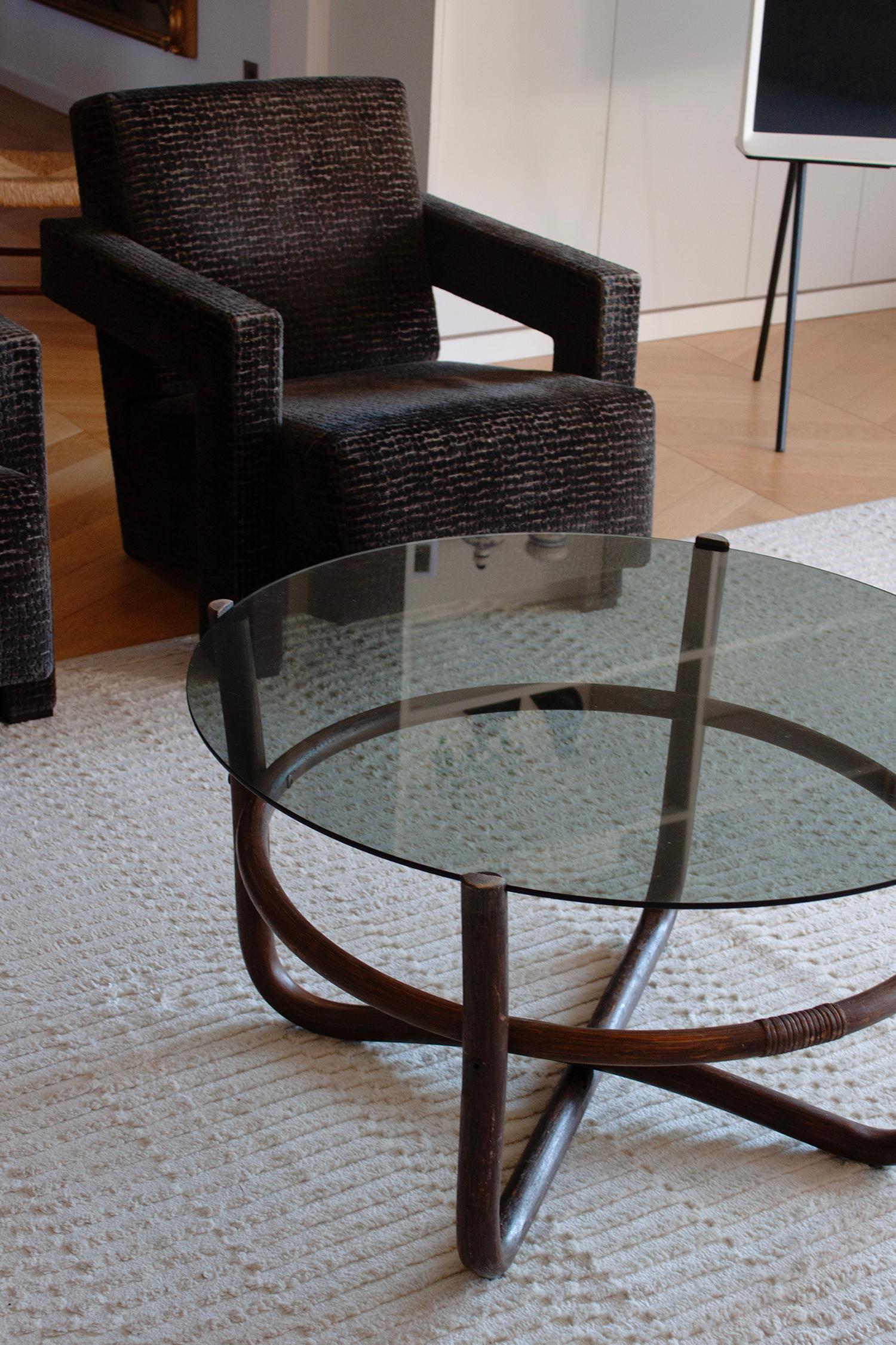20th Century 1960s Vintage Bohemian Style Round Bamboo And Glass Sofa Table For Sale
