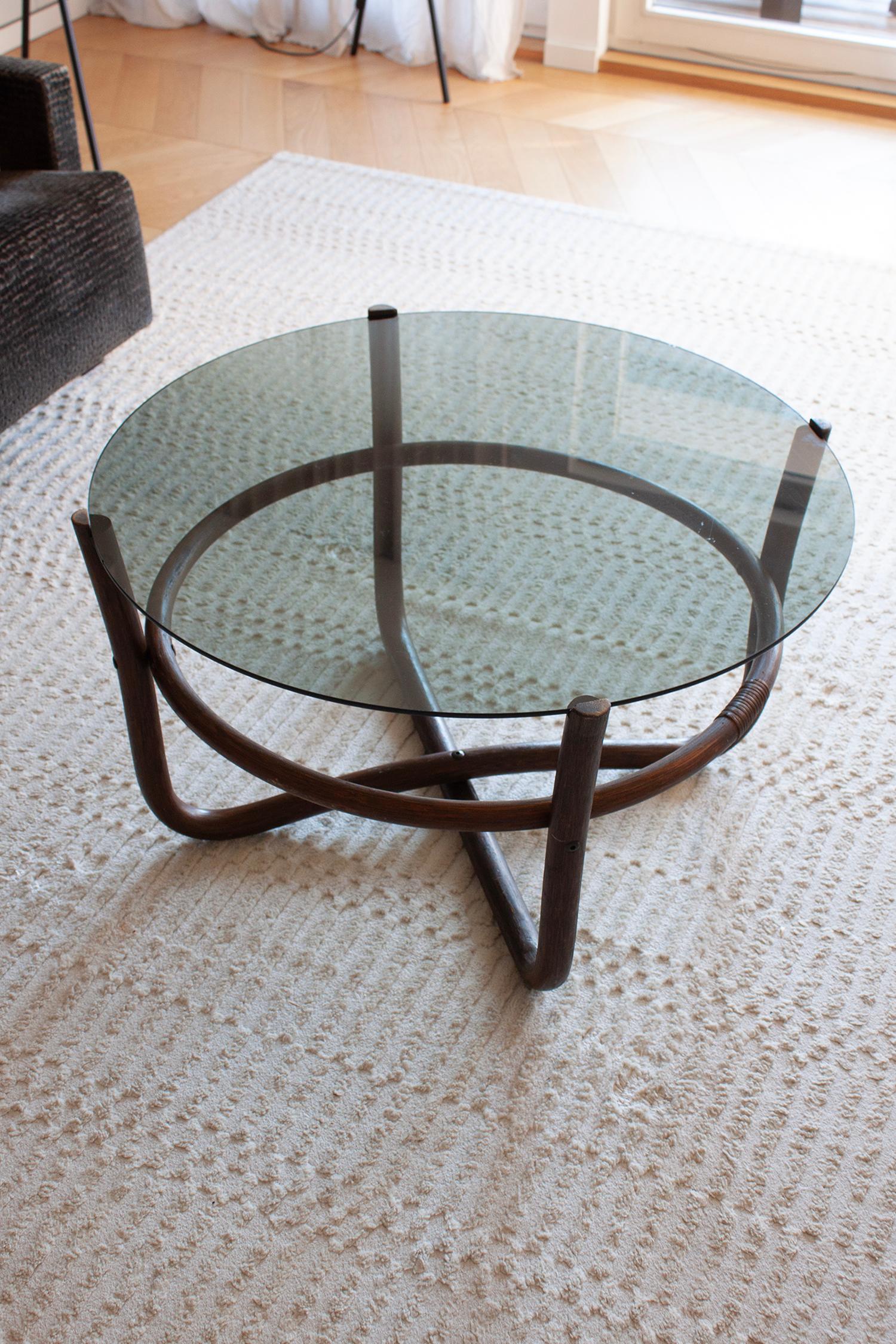 1960s Vintage Bohemian Style Round Bamboo And Glass Sofa Table For Sale 1