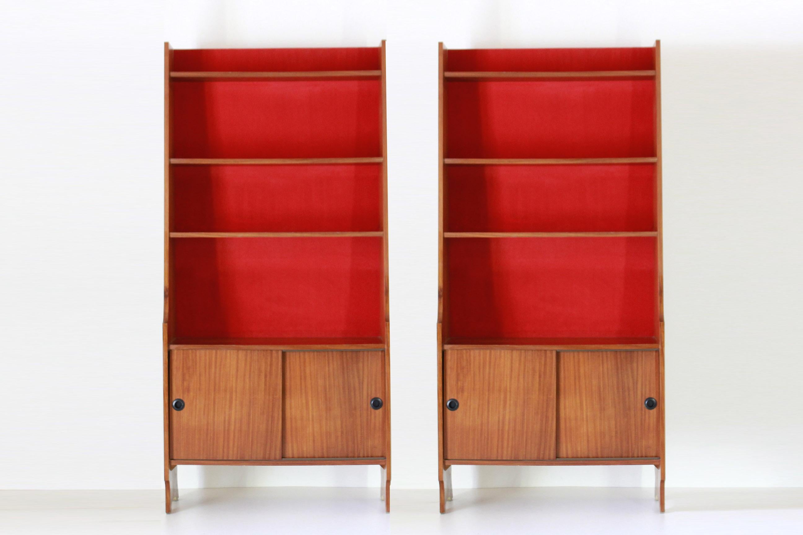Mid-Century Modern Velvet vintage Book shelf, teak and velvet, Modular Structure, italy 1950s