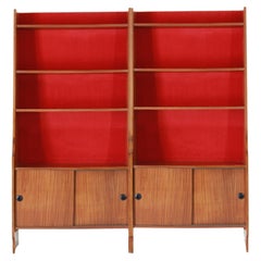 Velvet vintage Book shelf, teak and velvet, Modular Structure, italy 1950s