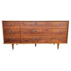 1960s Vintage B.P. John Walnut 9 Drawer Lowboy Dresser