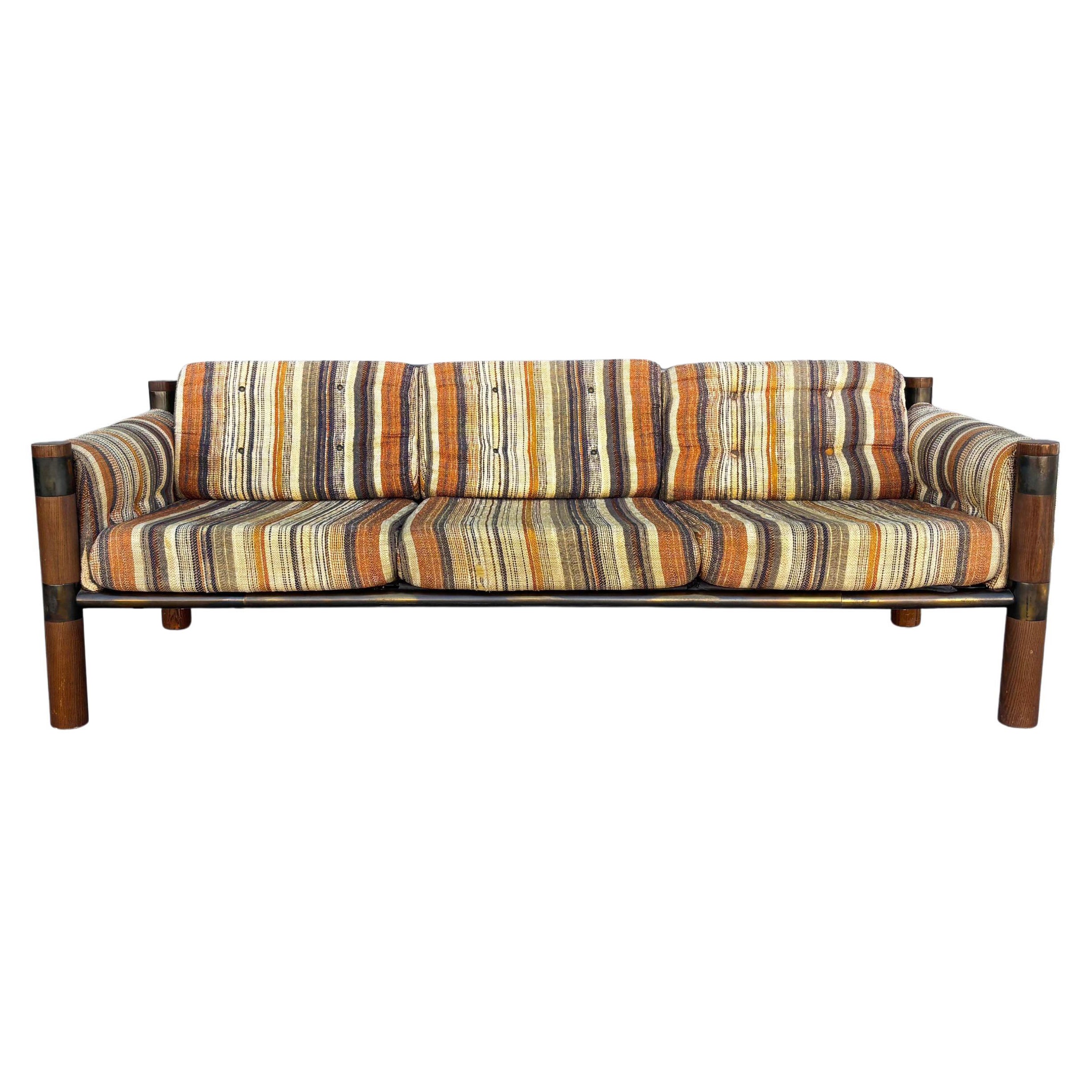 1960s Vintage Brass and Oak Safari Sofa