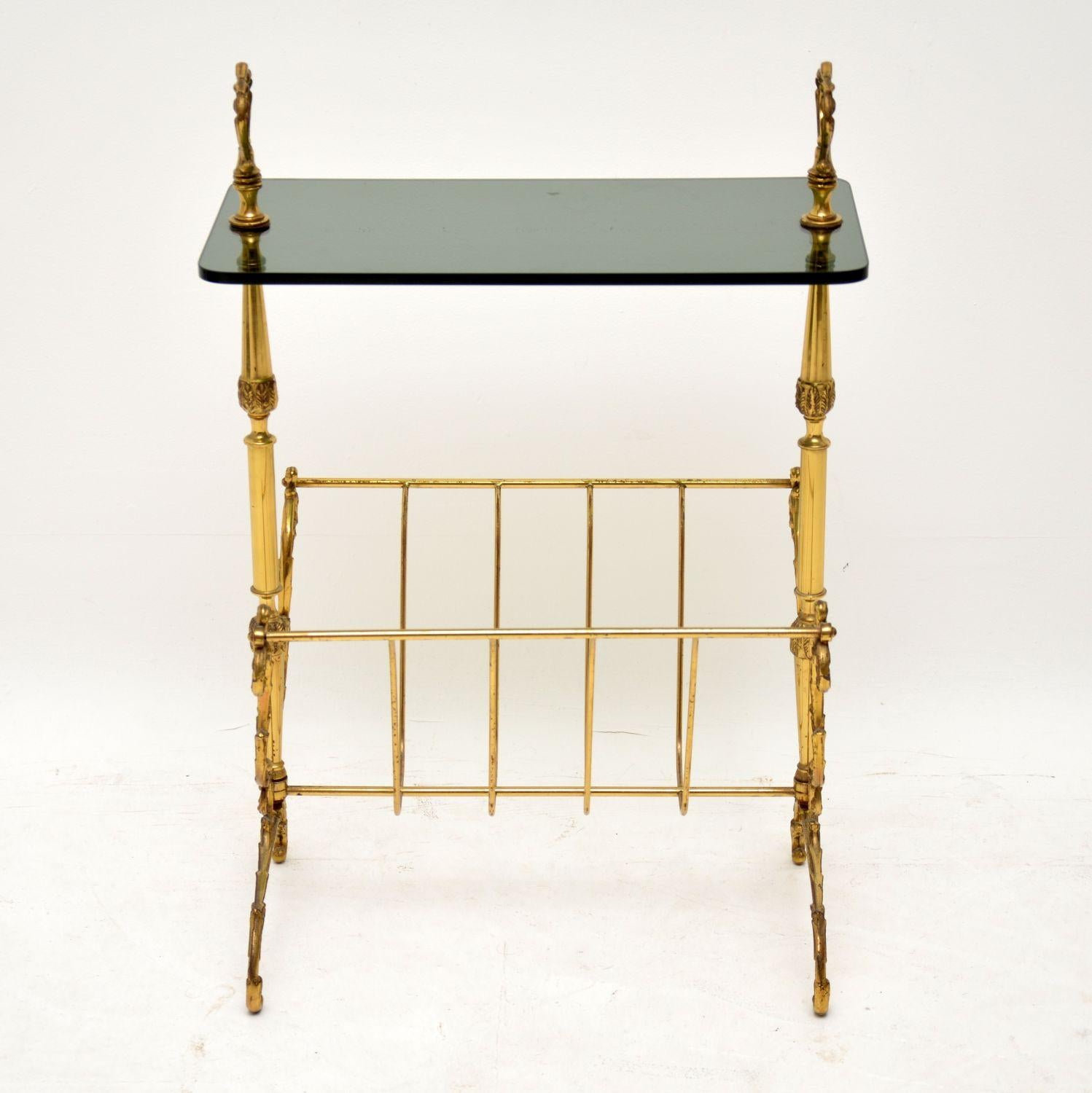 Mid-Century Modern 1960s Vintage Brass and Glass Side Table / Magazine Rack