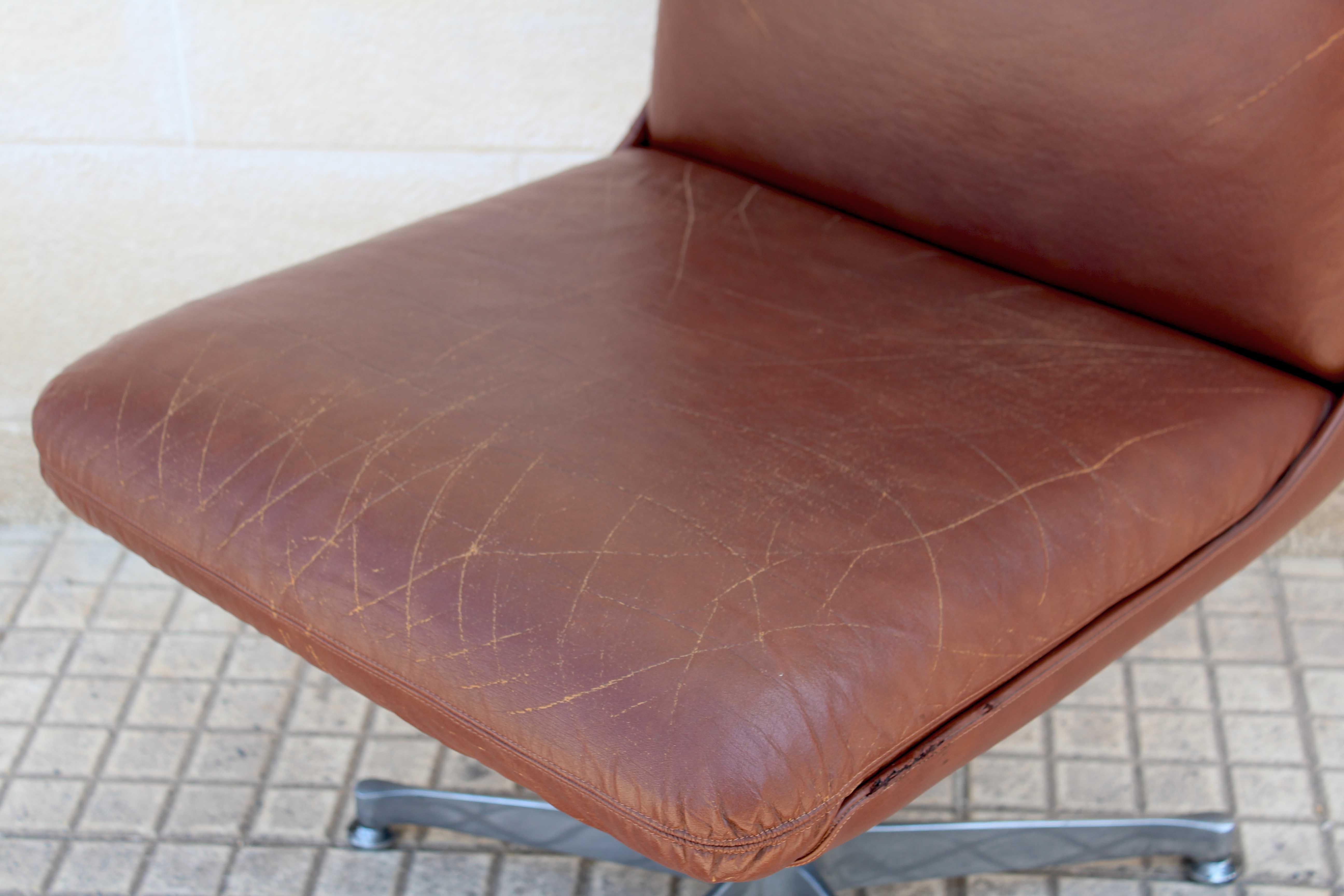 Mid-20th Century 1960s Vintage Brown Leather Office / Desk Chair with Revolving Steel Structure