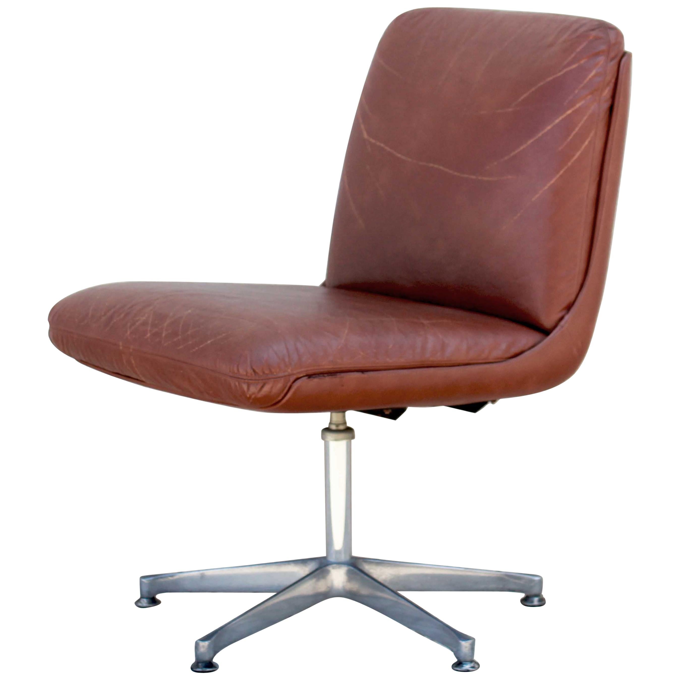 1960s Vintage Brown Leather Office / Desk Chair with Revolving Steel Structure