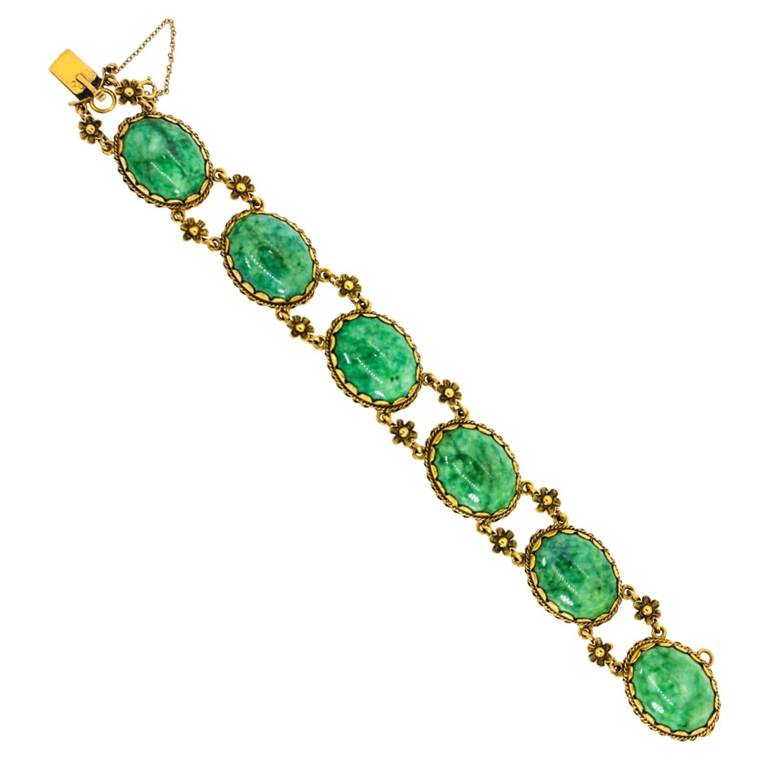 1960s Vintage Cabochon Jade Gold Bracelet For Sale