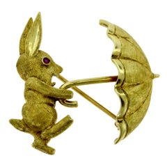 1960s Vintage Cartier Gold and Ruby Pin / Brooch Happy Bunny Rabbit Umbrella