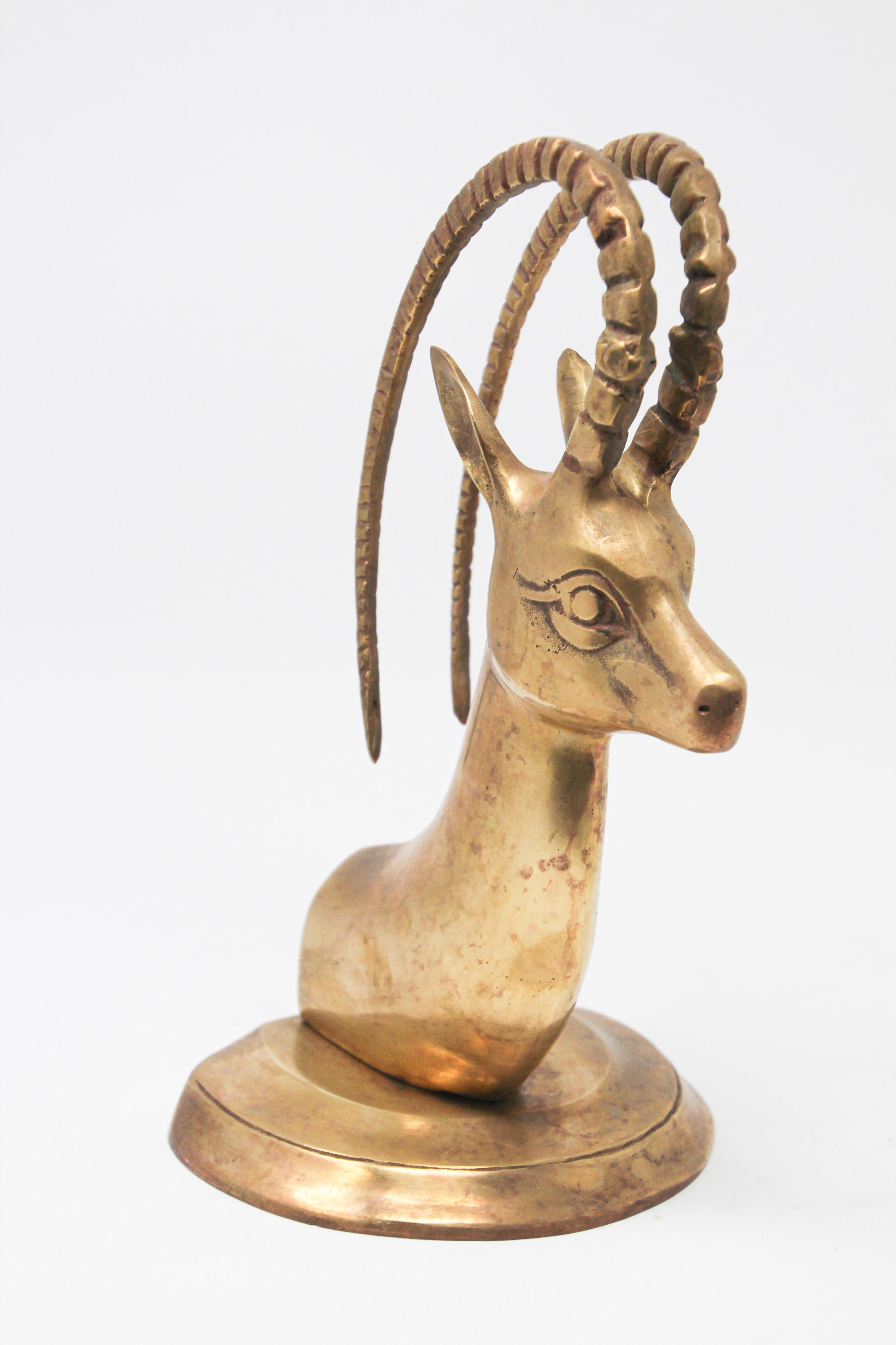 1960s Vintage Cast Brass Sculpture of Gazelle Ibex Head 3