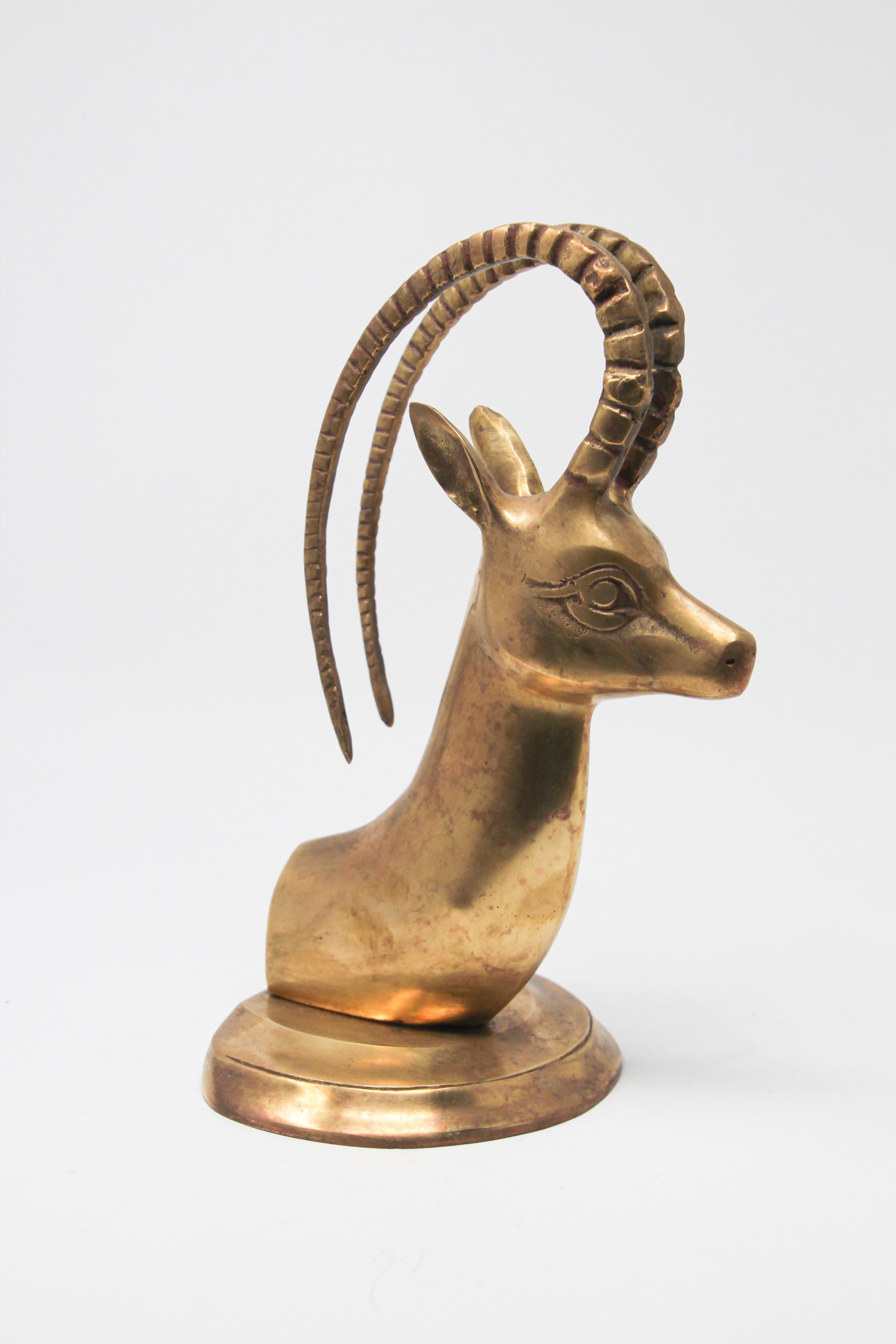 Hollywood Regency 1960s Vintage Cast Brass Sculpture of Gazelle Ibex Head