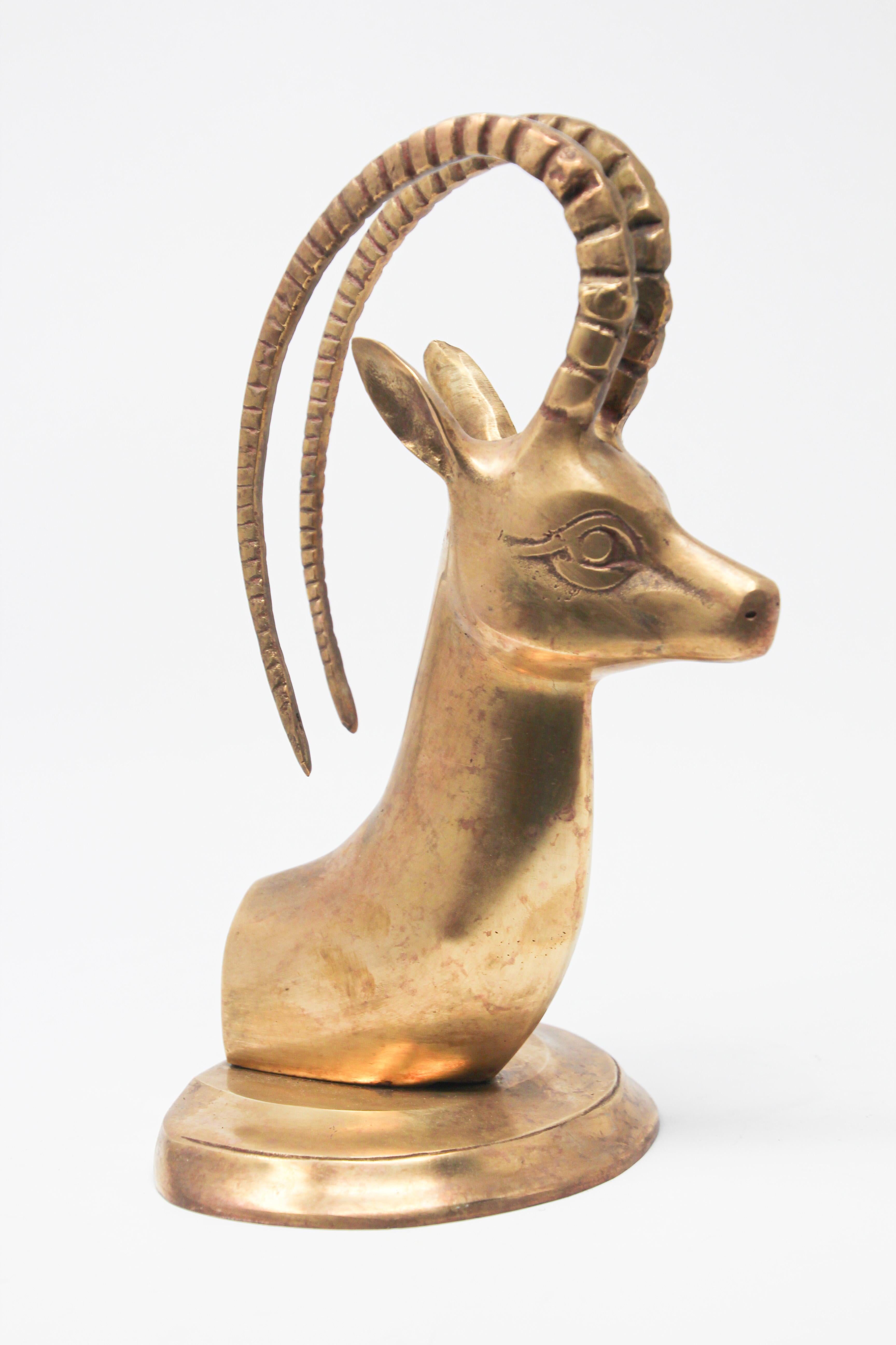 American 1960s Vintage Cast Brass Sculpture of Gazelle Ibex Head