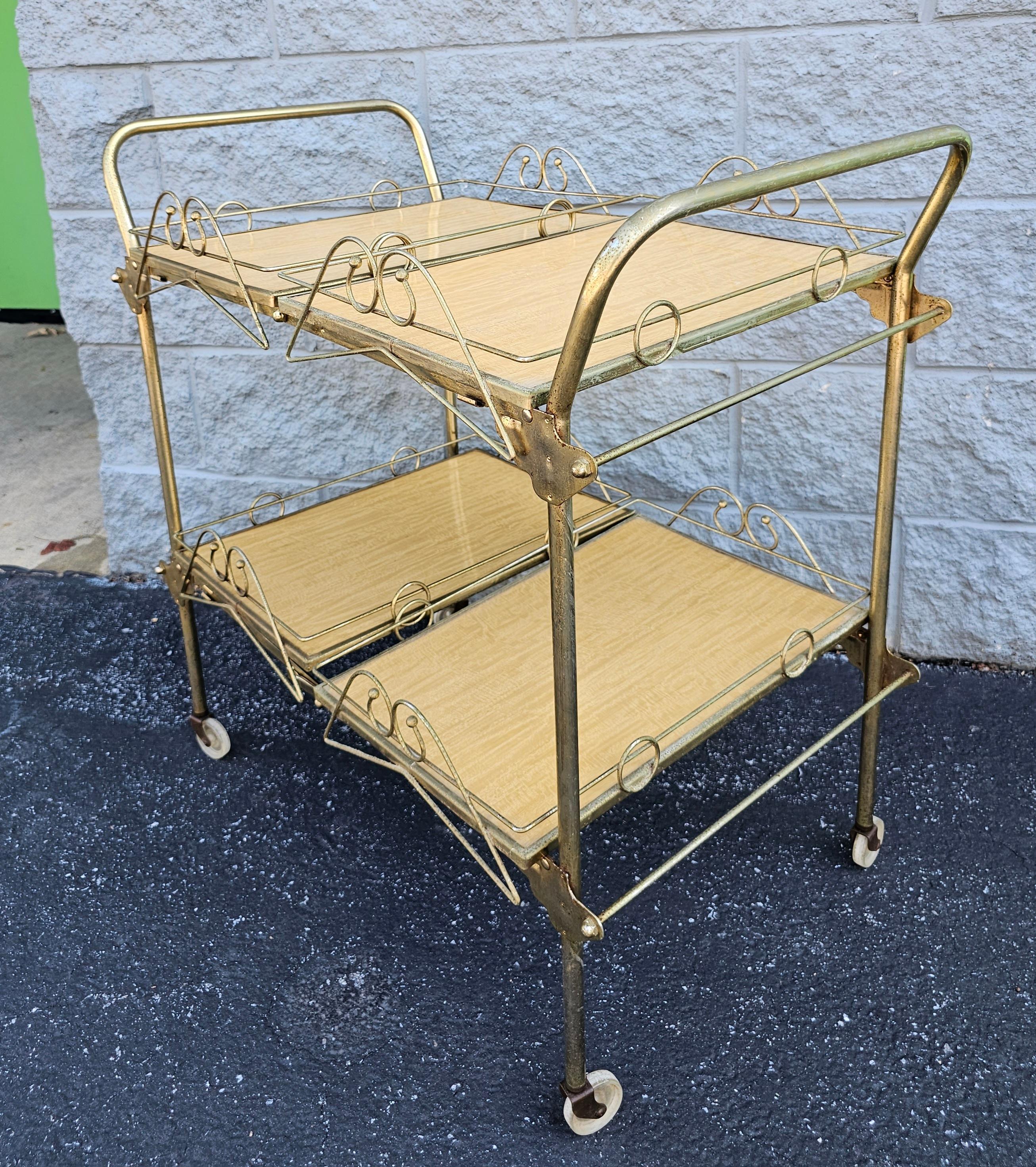 Mid-Century Modern 1960s Vintage Cesare Lacca Style Rolling and Folding 4-Tray Bar Cart For Sale