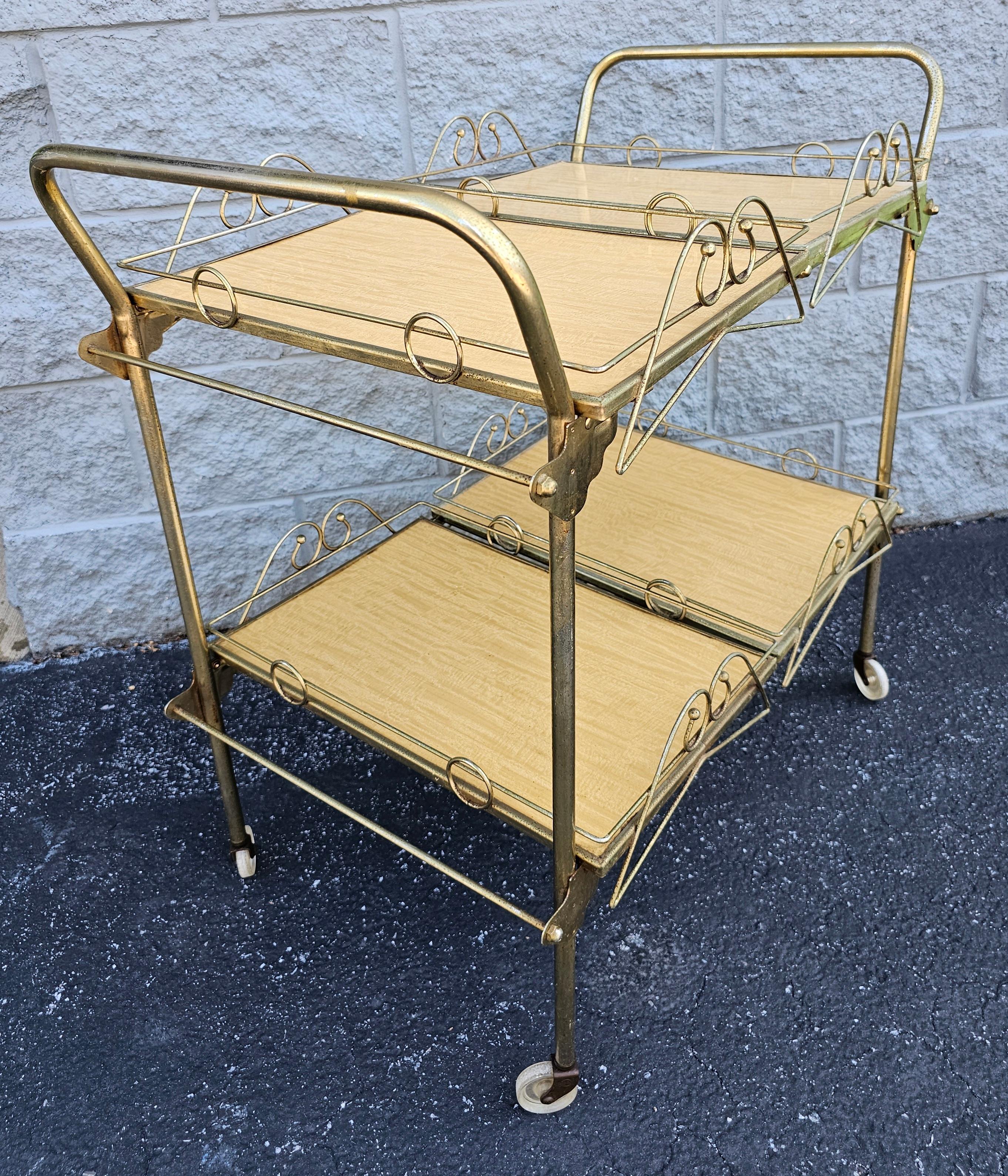 American 1960s Vintage Cesare Lacca Style Rolling and Folding 4-Tray Bar Cart For Sale