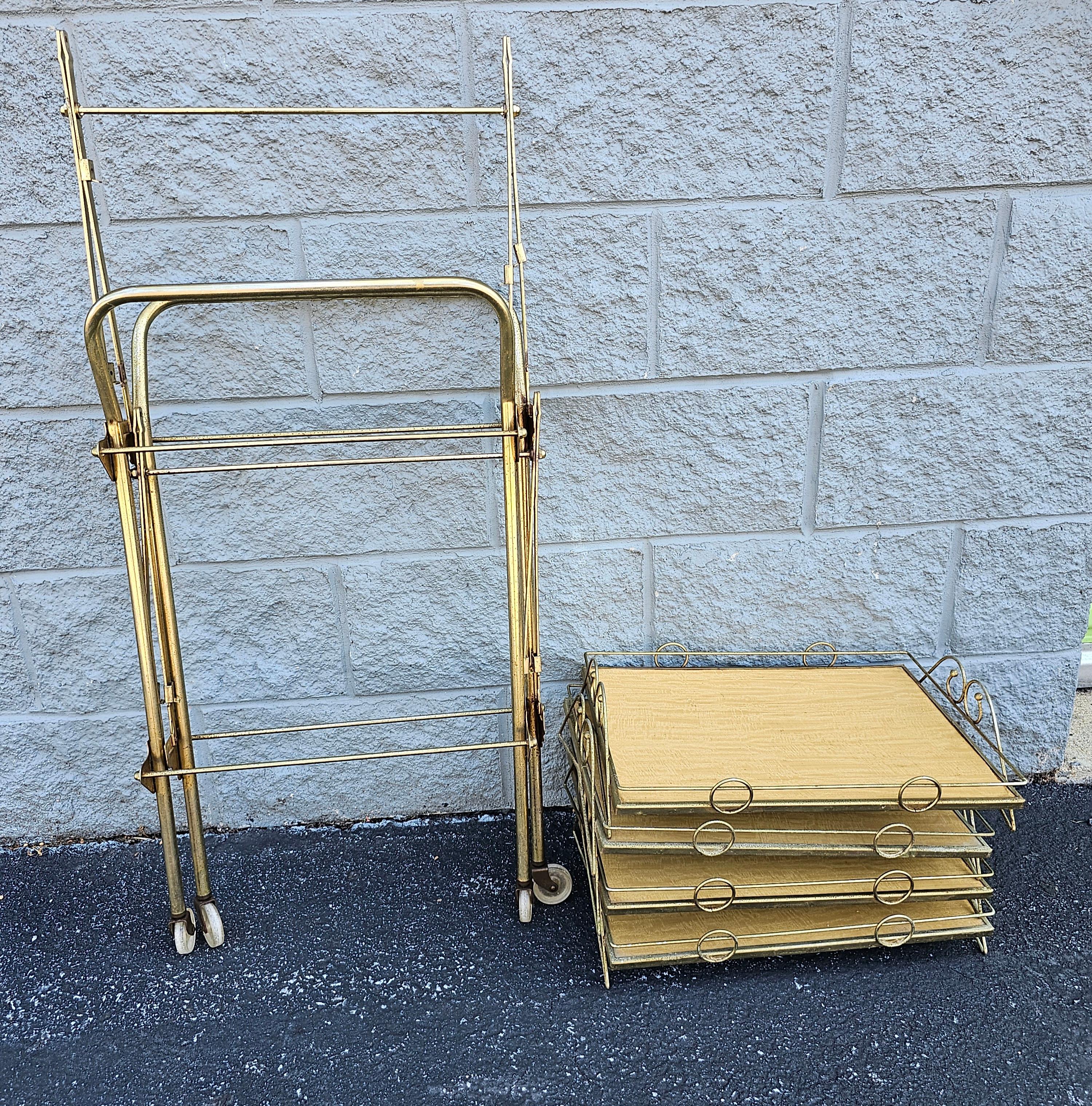 1960s Vintage Cesare Lacca Style Rolling and Folding 4-Tray Bar Cart In Good Condition For Sale In Germantown, MD