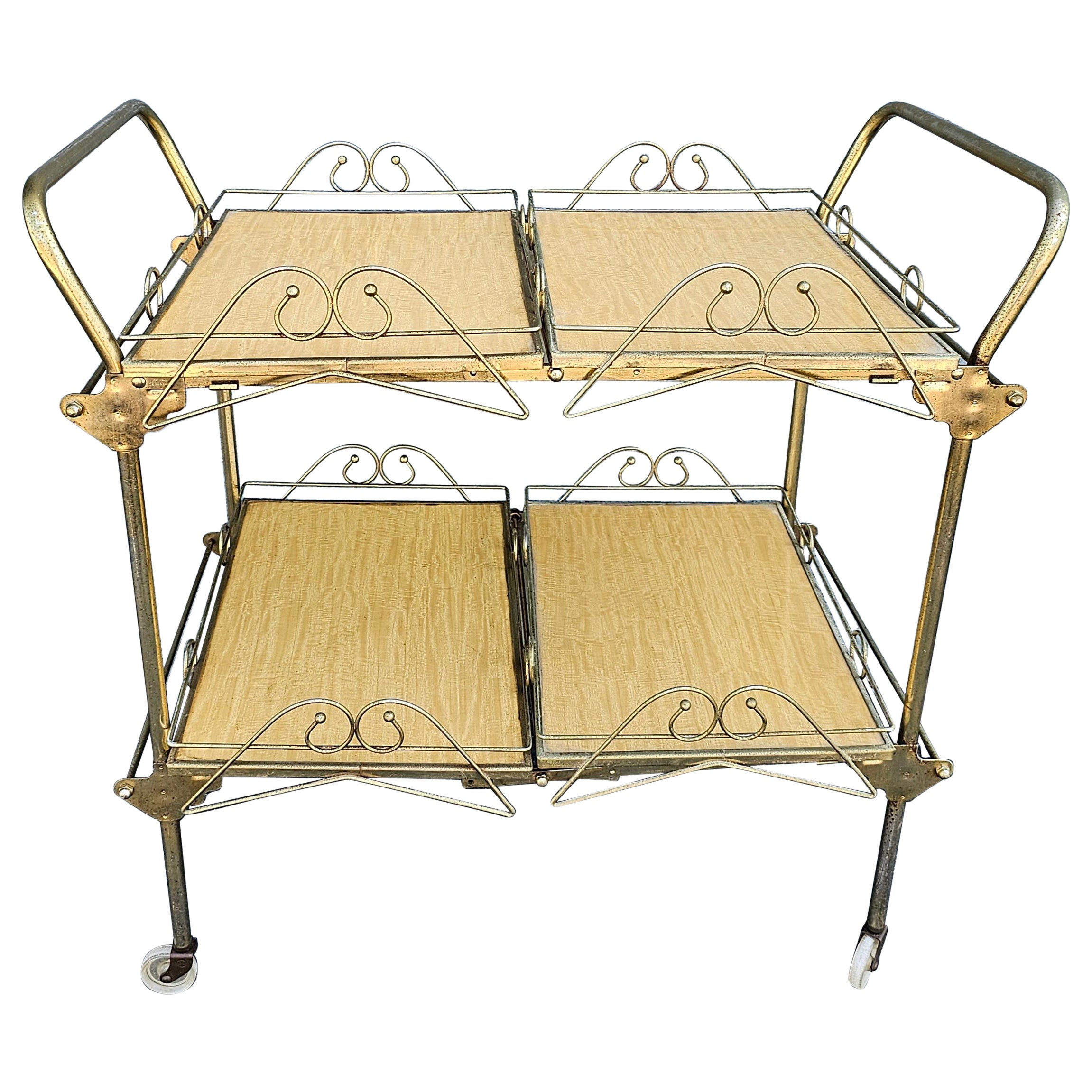 1960s Vintage Cesare Lacca Style Rolling and Folding 4-Tray Bar Cart