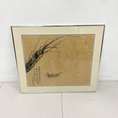 1960s Vintage Chinese Artistry Fisherman in Boat Yang Chun Floods Wall Art