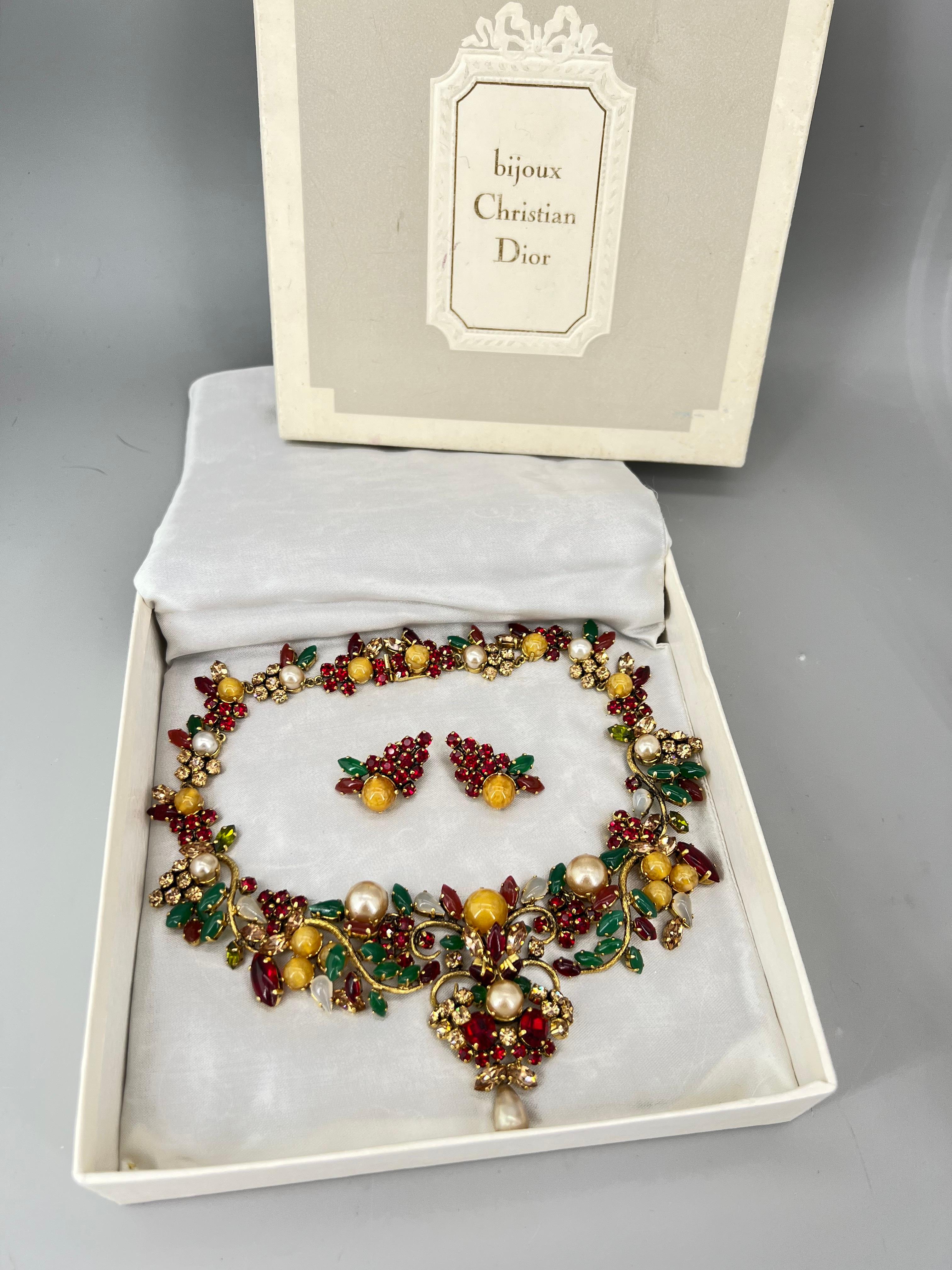 1960s Vintage Christian Dior Bejeweled Set Necklace Earring Bijoux Haute Couture 3