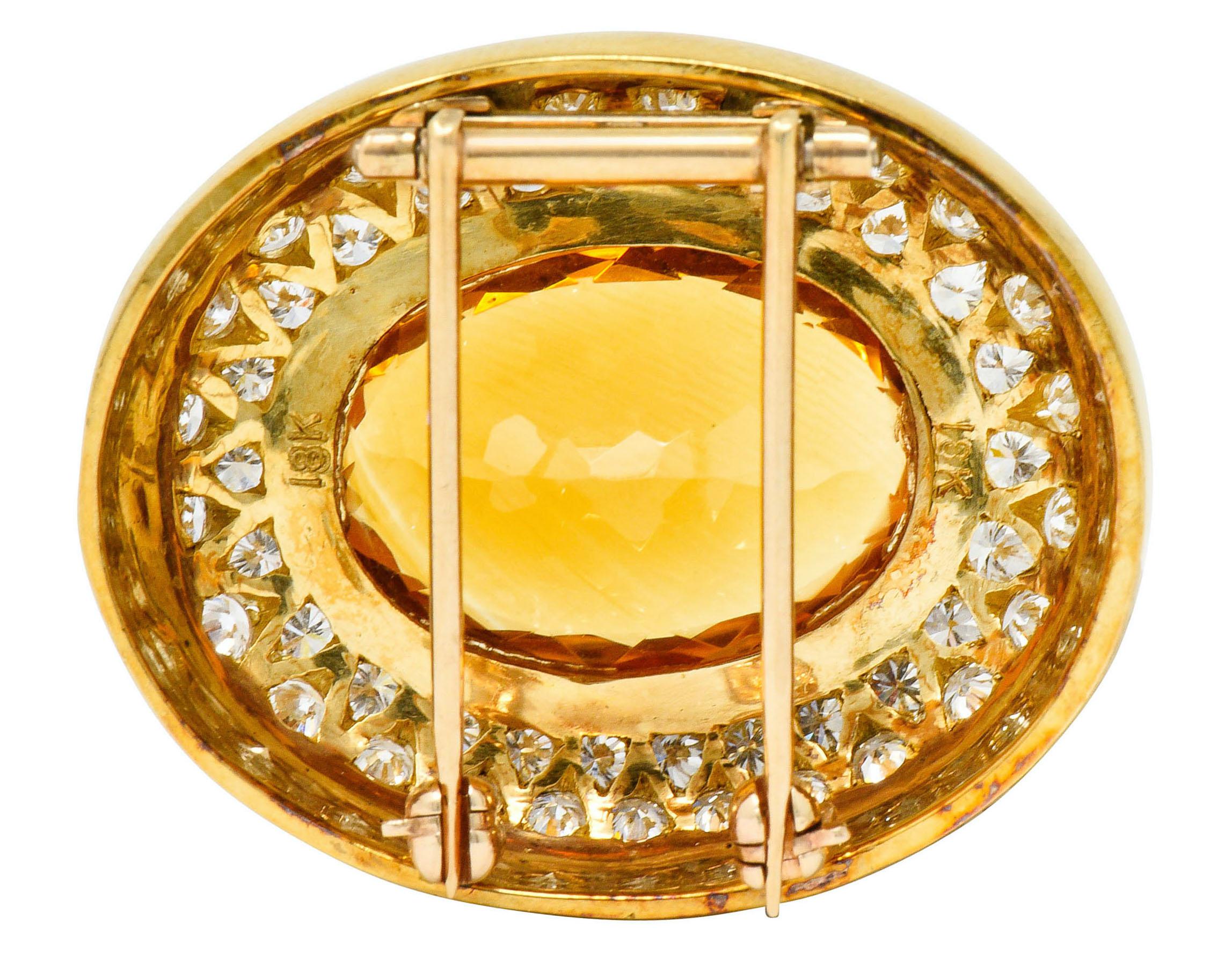 Contemporary 1960s Vintage Citrine Pave Diamond 18 Karat Gold Oval Brooch