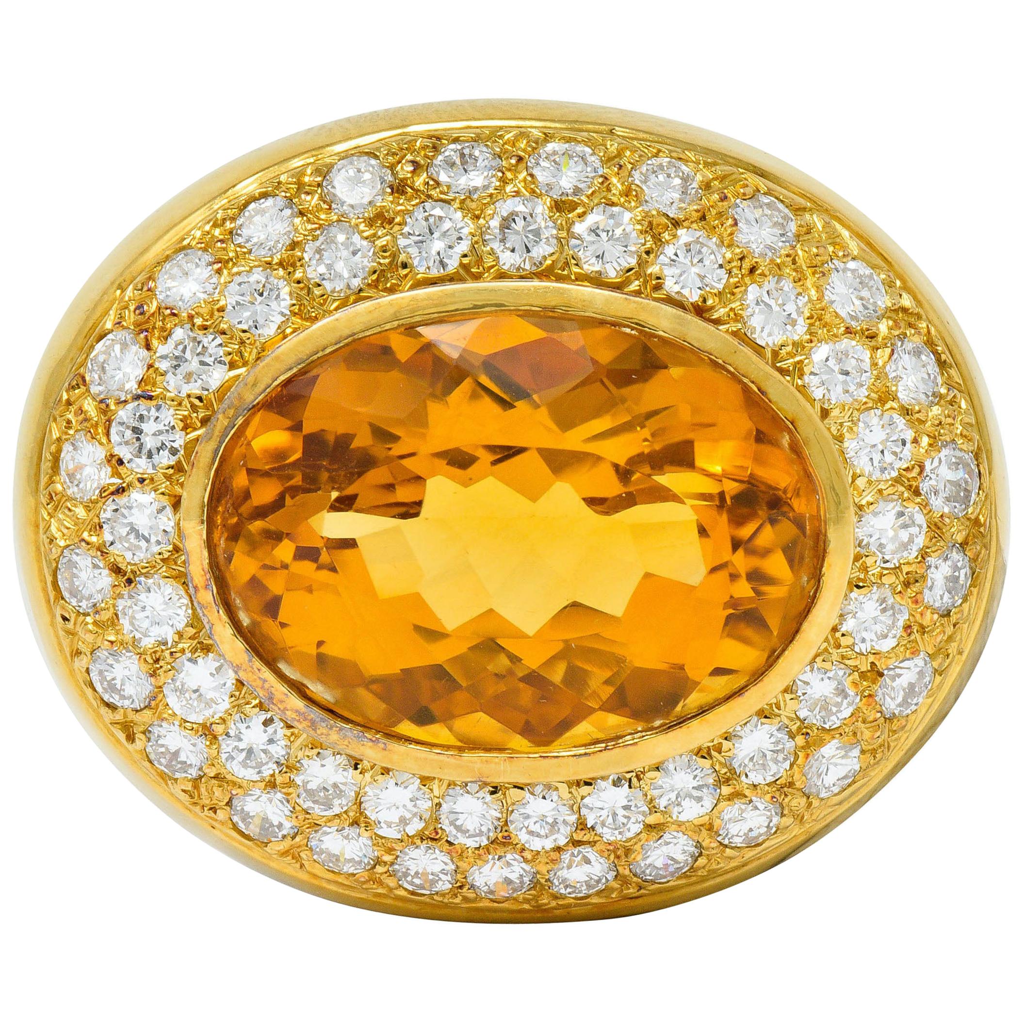 1960s Vintage Citrine Pave Diamond 18 Karat Gold Oval Brooch